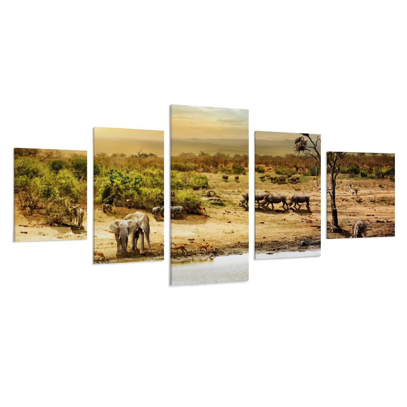 5-Piece South African Wildlife Sunset Painting Print Set - Landscape Pond Canvas Wall Art for Living Room & Bedroom Decor | African Safari Theme Home & Office Decoration