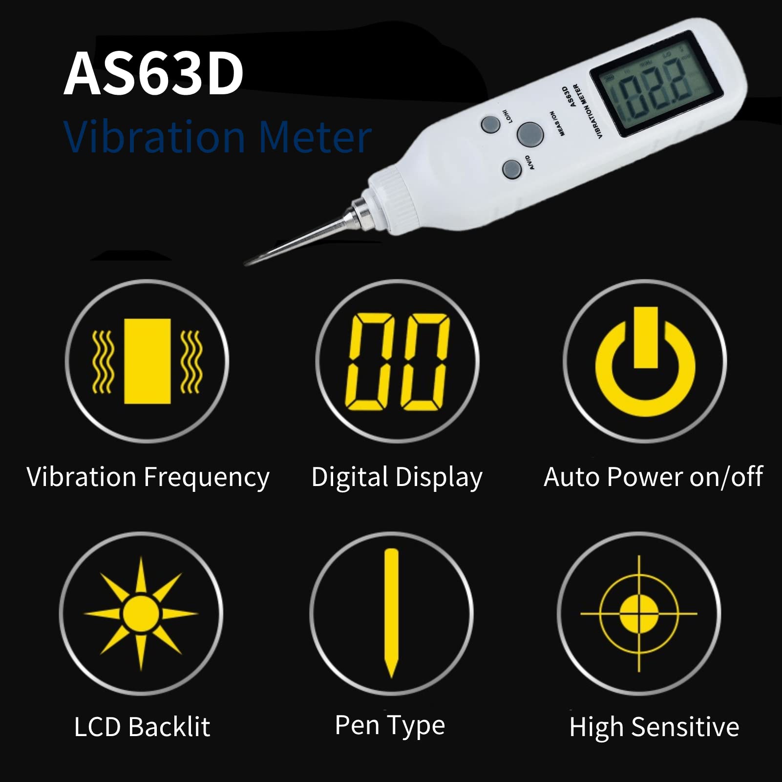AS63D Digital Vibration Meter - LCD Backlit Pen-Type Vibrometer with 2 Probes | Handheld Vibration Analyzer Tester for Industrial Equipment & Machinery Maintenance | Includes Storage Case