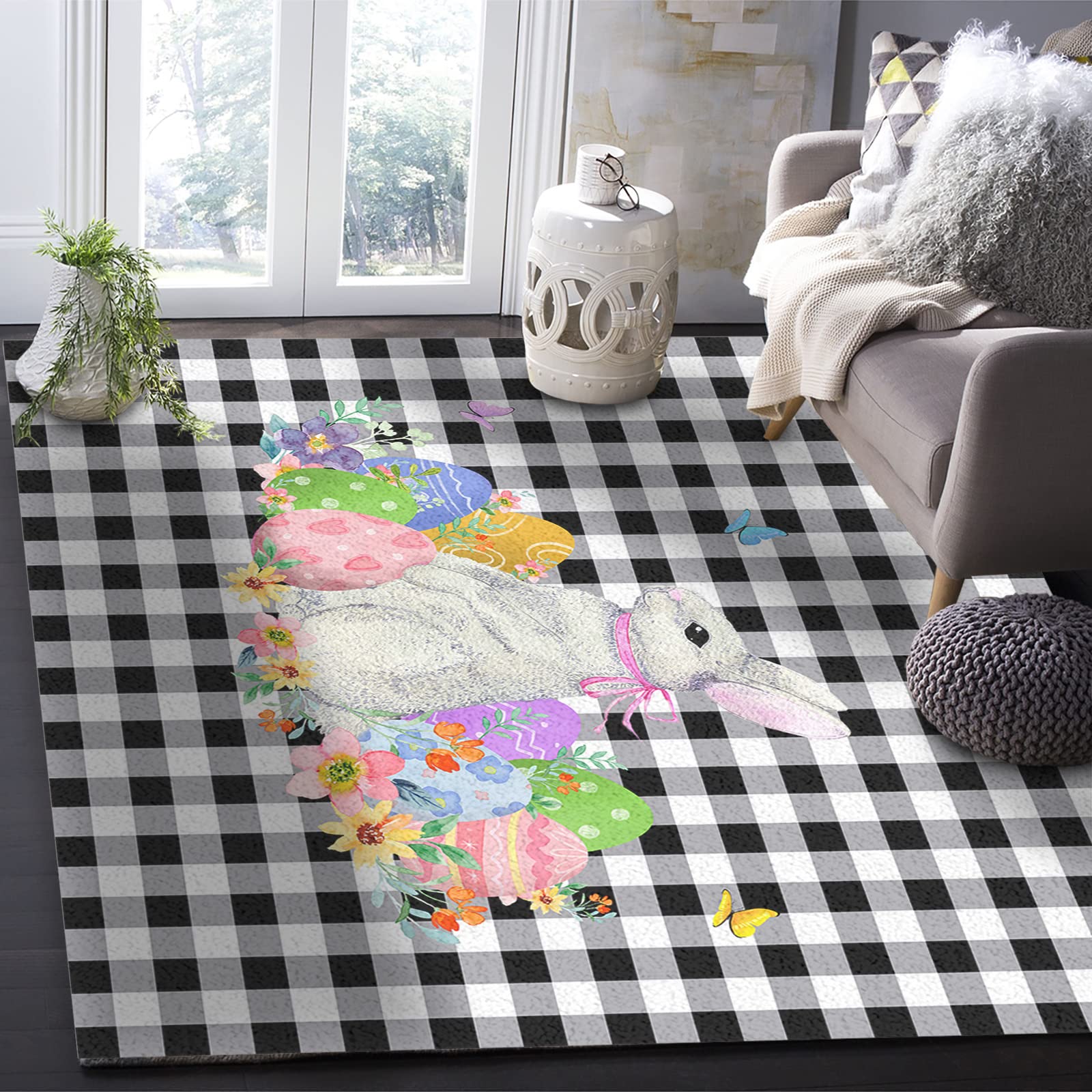 Non-Shedding Thick Area Rug Pad - 60x96 Inch Black and White Buffalo Plaid Floor Mat for Living Room, Bedroom, Kitchen - Easter Bunny Eggs Flower Design - Home Carpet Protection for Hardwood Floors & High Traffic Areas