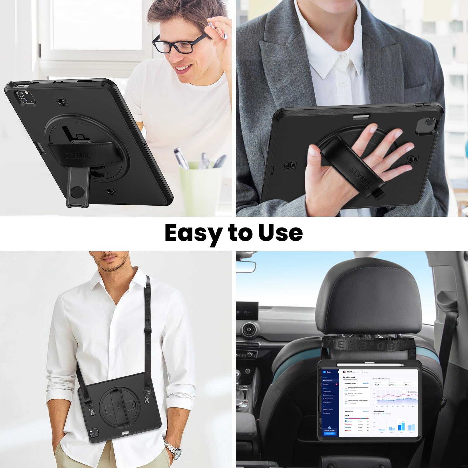 SEYMAC iPad Air 5th/4th Generation Case 10.9 Inch - Shockproof Protective Cover with Built-in Screen Protector, Rotating Stand, Hand/Shoulder Strap & Pencil Holder for iPad Air 5/Air 4 (Black) - Perfect for Work, Study, Travel and Entertainment