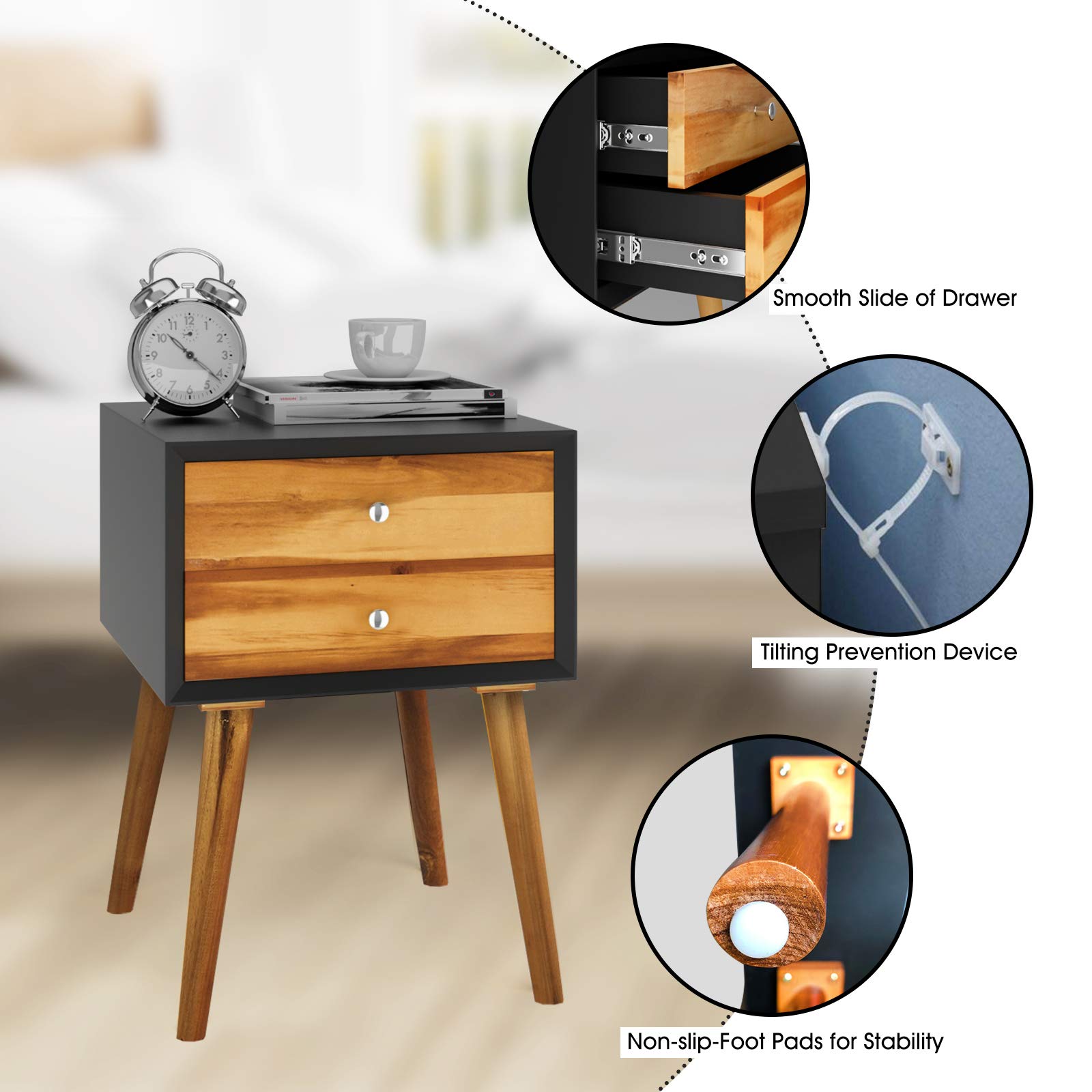 Mid Century Modern Nightstand with 2 Drawers - Solid Wood Legs Bedside Table for Bedroom, Living Room & Small Spaces - Black End Table for Cozy Home Decor & Convenient Storage
