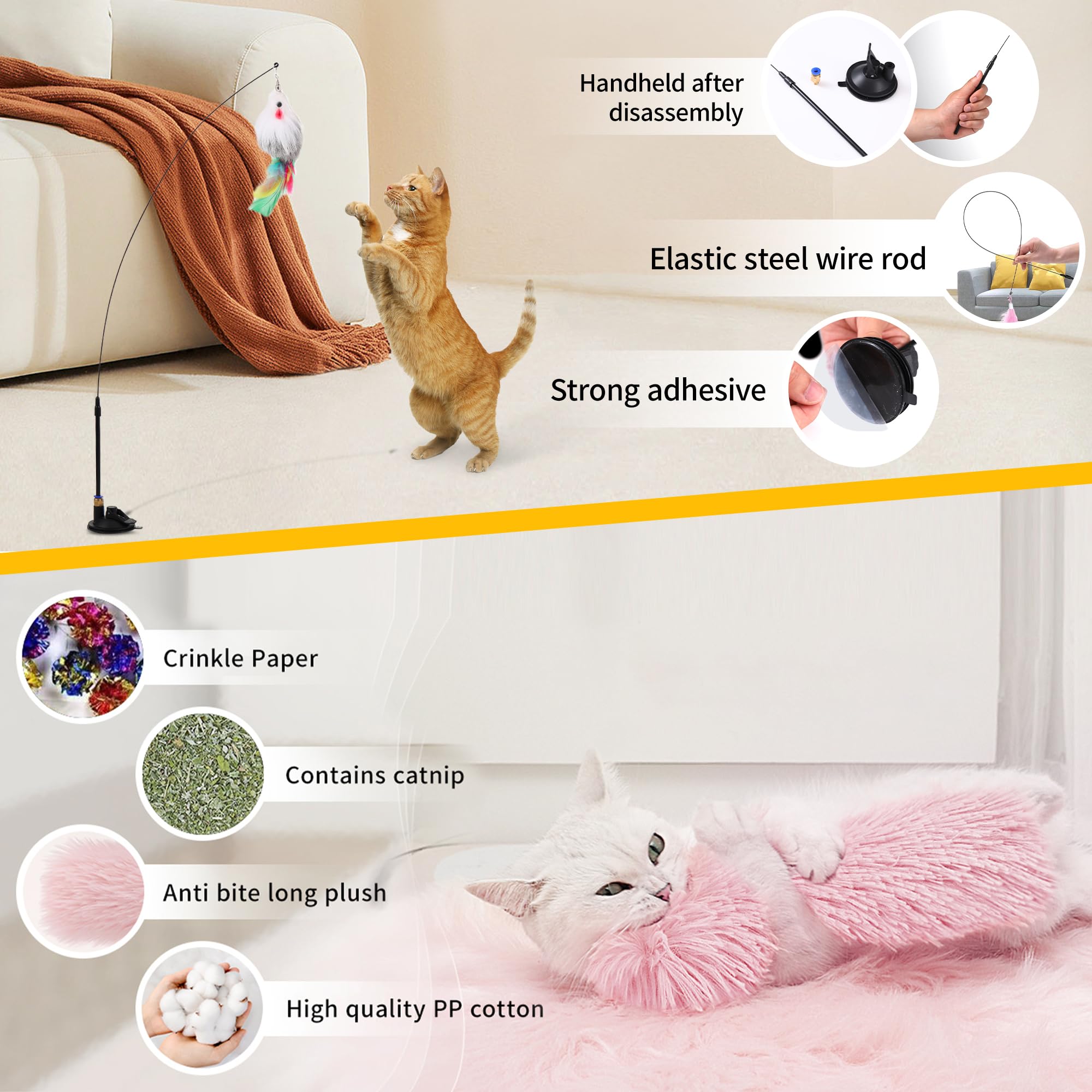 4-in-1 Interactive Cat Feather Toy with Retractable Fishing Pole - Durable Catnip Toy with Enhanced Suction Cup - 14