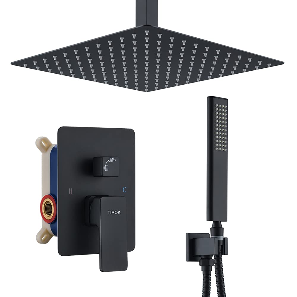 TIPOK Matte Black Shower System - 12 Inch Rain Shower Head & Handheld Shower Combo, High Pressure Ceiling Mount Rainfall Shower Faucet Set for Bathroom | Perfect for Luxurious Spa-Like Experience and Modern Home Upgrade