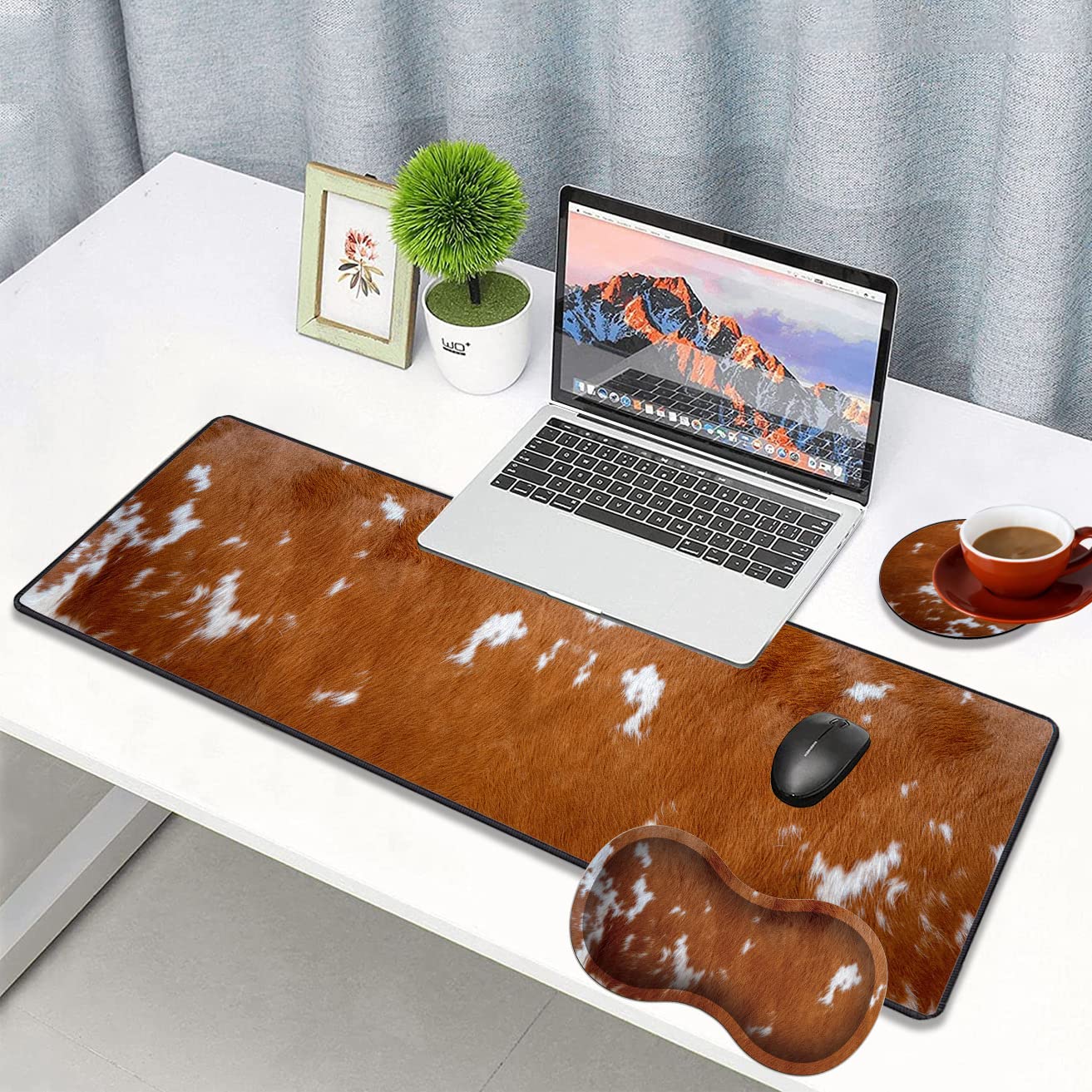 3-Piece Premium Mouse Pad Set - Large Anti-Slip Desk Mat with Stitched Edges, Memory Foam Wrist Rest & Coaster - Cowhide Leopard Brown Design for Office & Home Use - Perfect for Gaming, Work & Computer Comfort