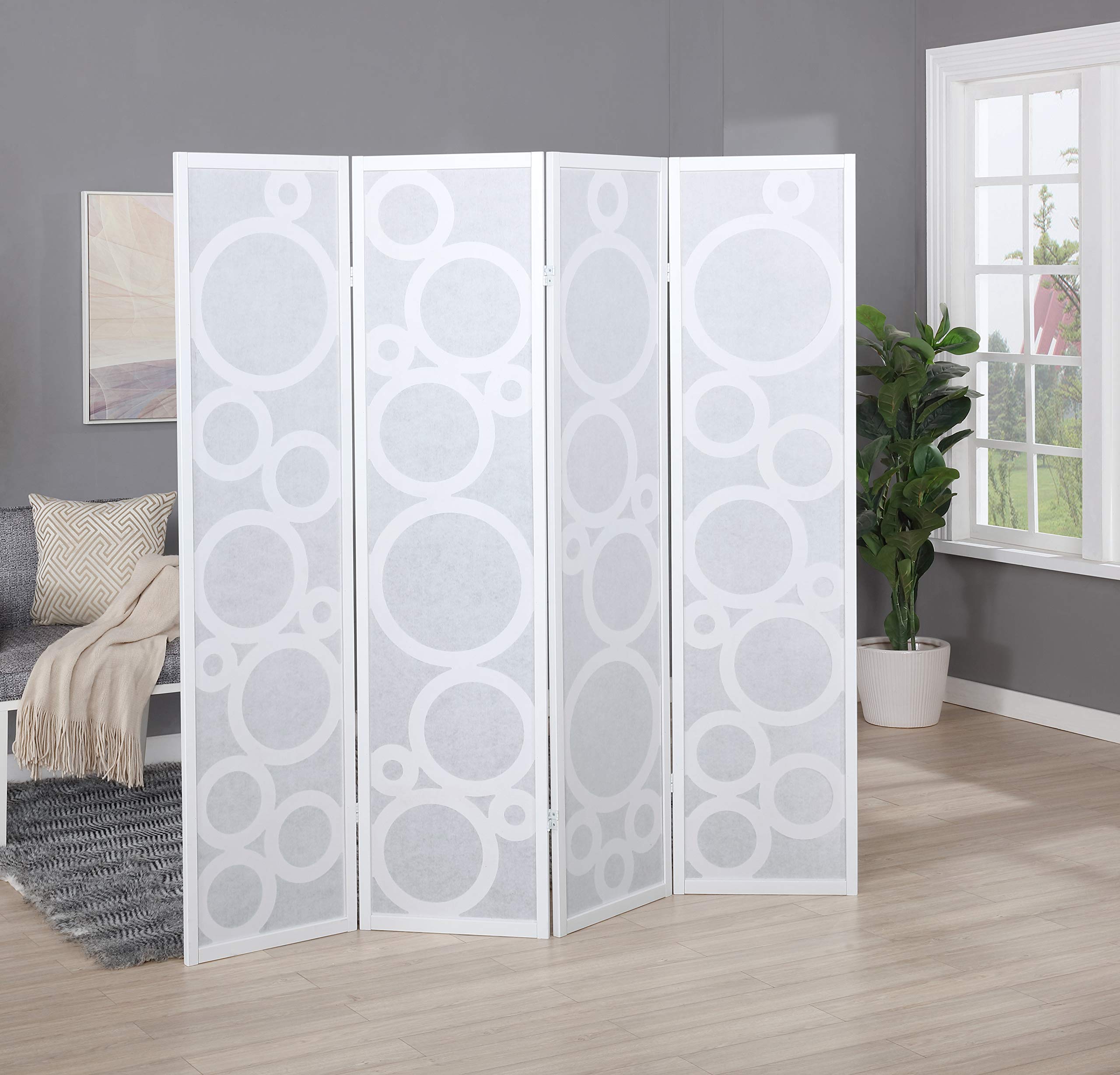 Roundhill Furniture Arvada 4-Panel Wood Room Divider with Circle Pattern - White Wooden Folding Screen for Home Office, Living Room & Bedroom Privacy Partition