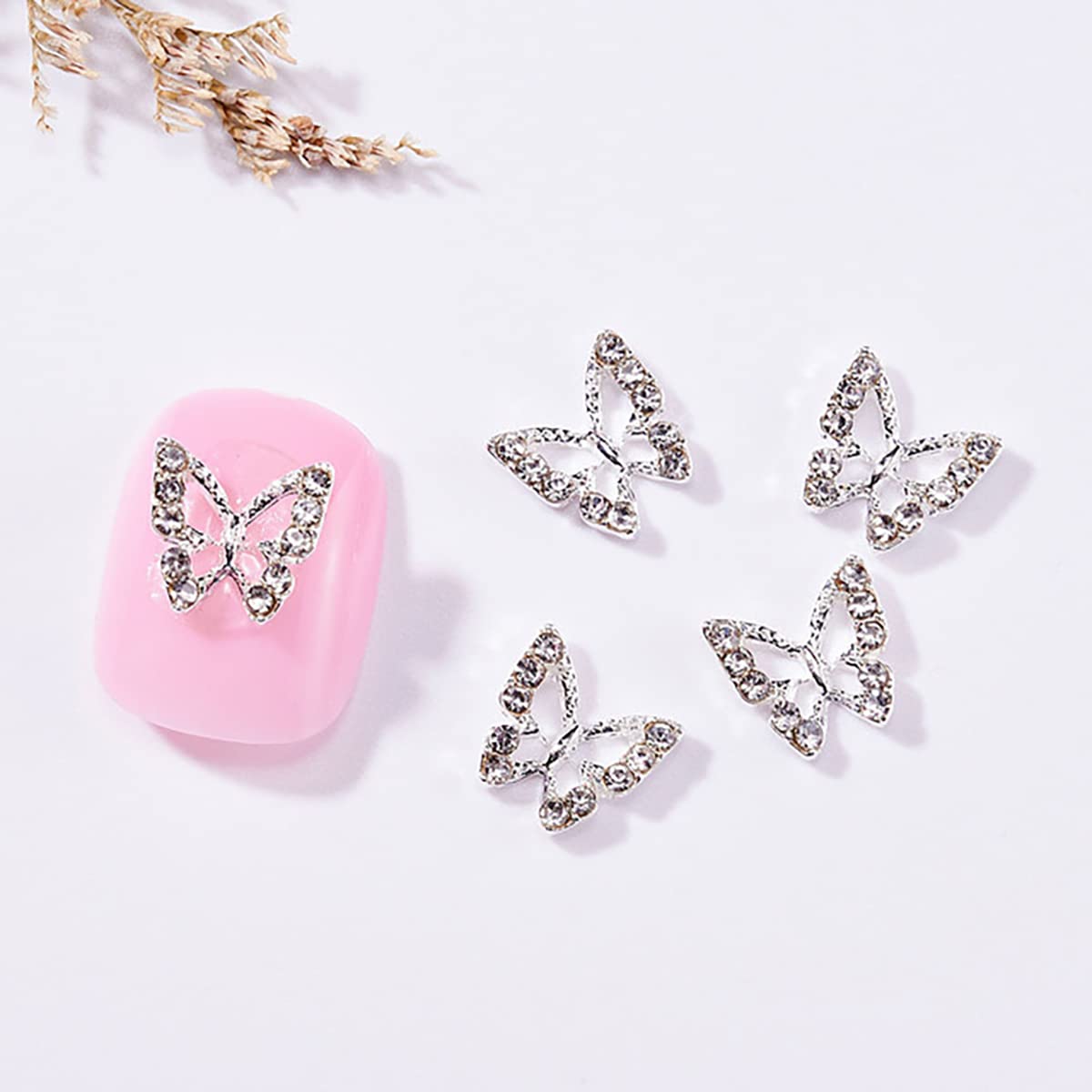 3D Silver Butterfly Nail Charms - Metallic Butterfly Nail Gems & Rhinestones for Acrylic Nails, Shiny Crystal Nail Art Decorations (20pcs) - Perfect for Women's Nail Designs, DIY Manicures, and Party Nail Art