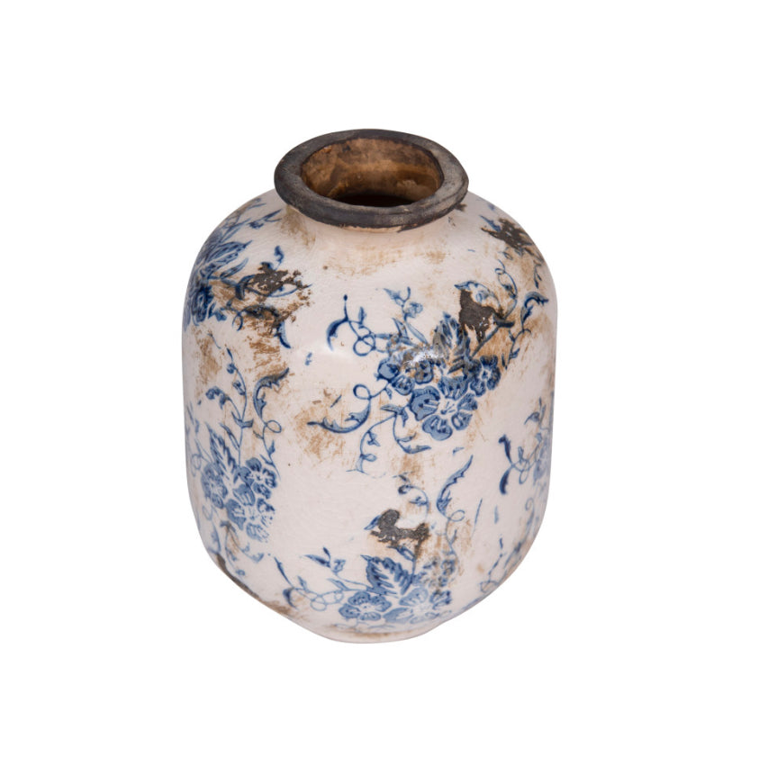 Antique Style Cream & Blue Terracotta Transferware Vase - Floral Narrow Vase for Home Decor, Farmhouse Table Centerpiece, Wedding Floral Arrangement, Rustic Shelf Display