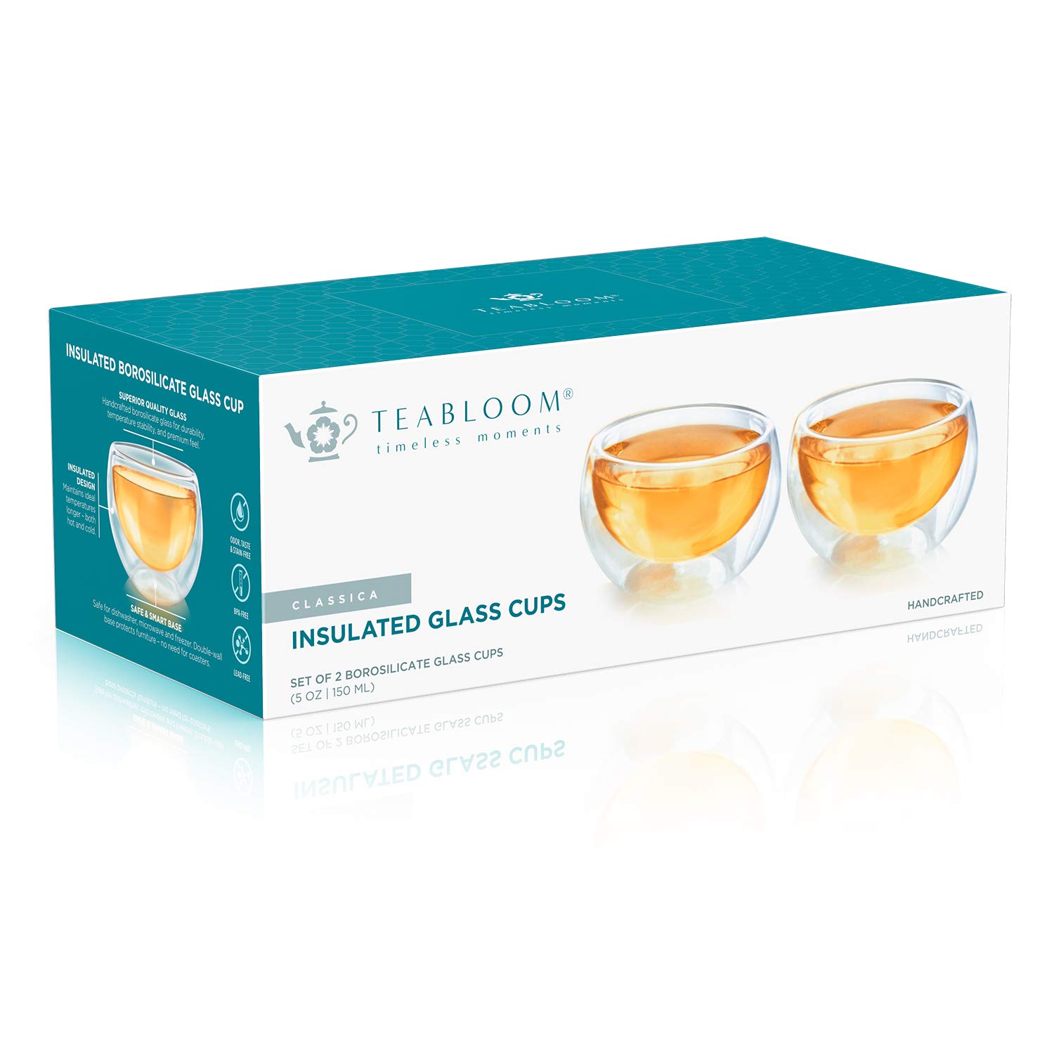 Teabloom Double Walled Glass Tea Cups (5 oz / 150 ml) - Set of 2 Insulated Glass Cups for Hot Tea, Iced Coffee, Espresso & Beverages - Classic Teacup Collection - Perfect for Home, Office & Gifts