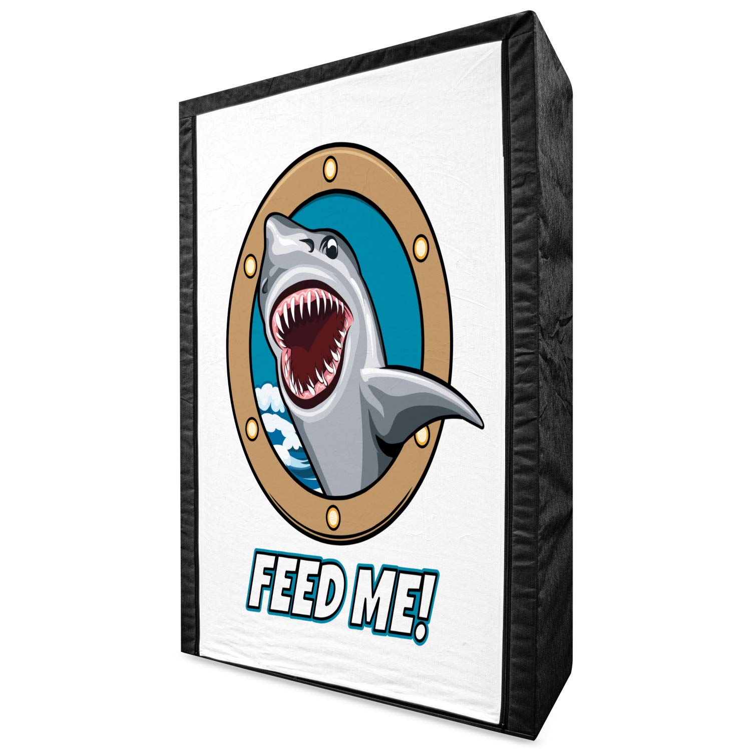 Ambesonne Shark Print Portable Fabric Wardrobe - 42.5 Inch Multicolor Clothing Organizer with Shelves | Funny Vintage 'Feed Me' Humor Design | Perfect for Bedroom, Dorm, or Travel Storage