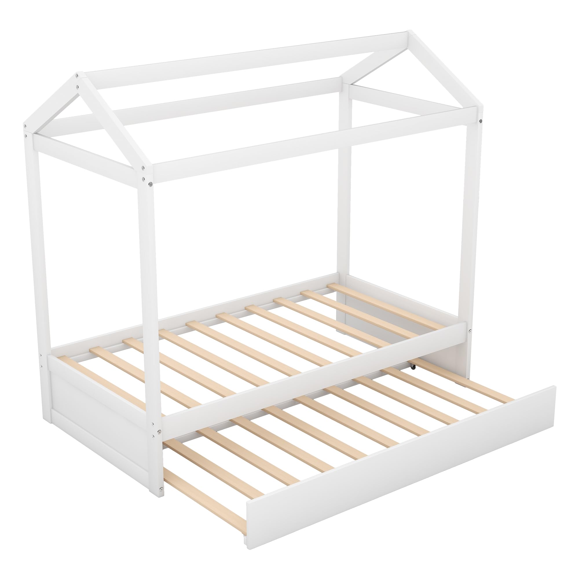 Merax Twin Size Wooden House Bunk Bed with Trundle & Support Legs - Convertible Kids Bed for Boys & Girls (White) | Perfect for Small Bedrooms, Sleepovers & Space-Saving Kids' Room Decor