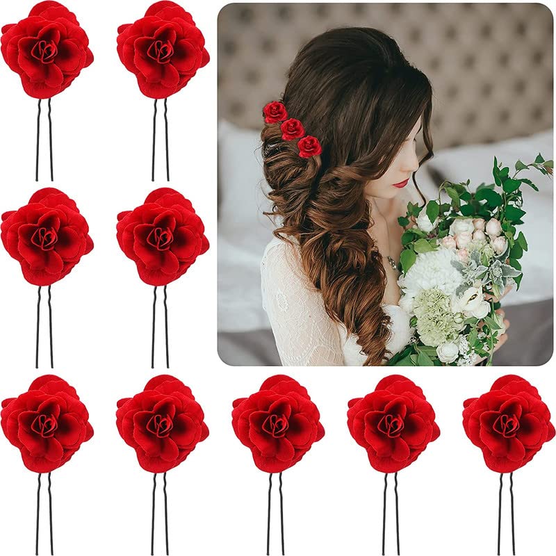 BELICIA 12-Piece Rose Flower Hair Clips Set - Fabric Bridal Hairpins & Bobby Pins for Women & Girls - Wedding, Bridesmaid, Prom Hair Accessories (Red) - Perfect for Weddings, Parties & Special Occasions