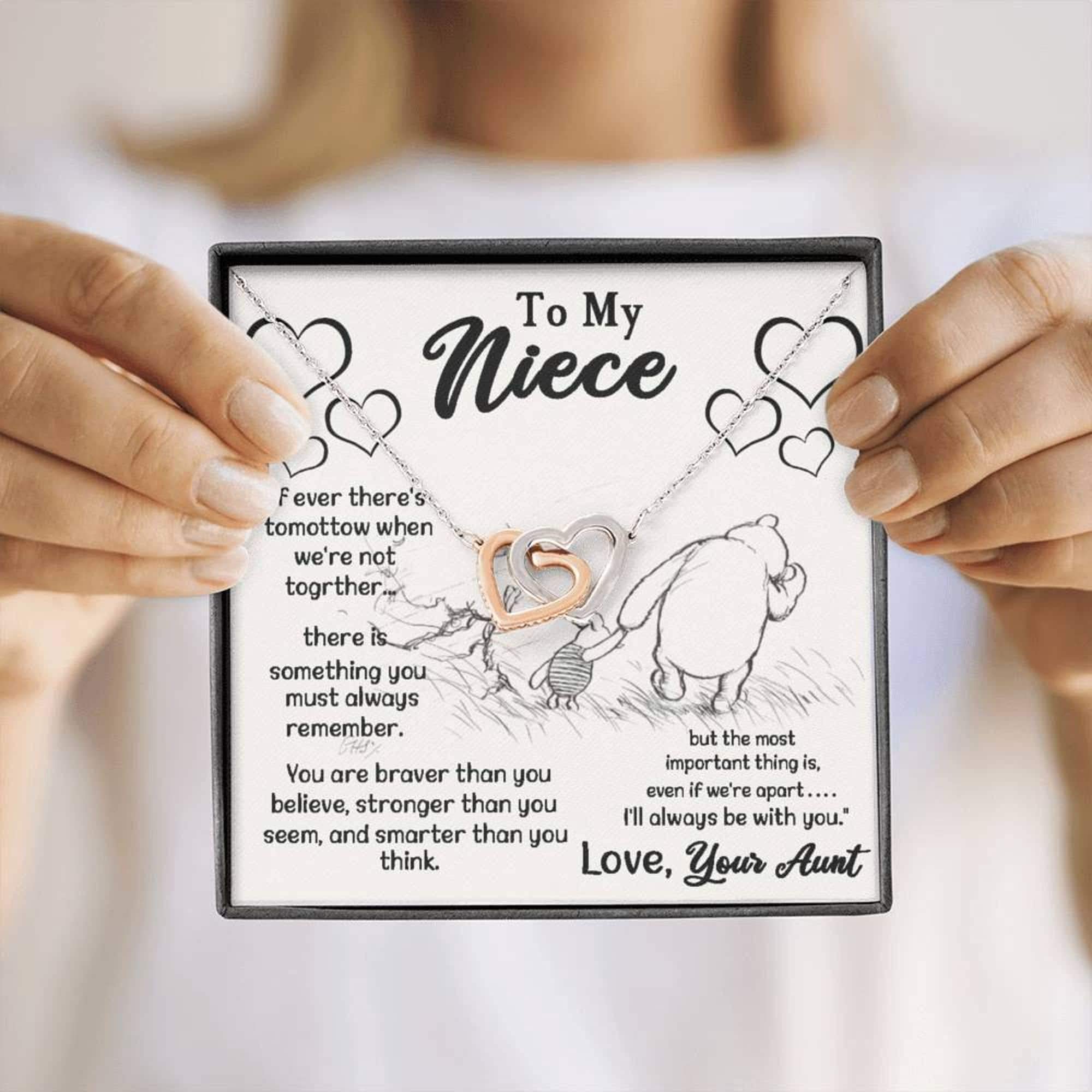 Handmade Interlocking Hearts Message Card Necklace - Personalized Gift for Niece from Aunt (Love, Your Aunt) | Christmas, Birthday & Special Occasion Jewelry Present