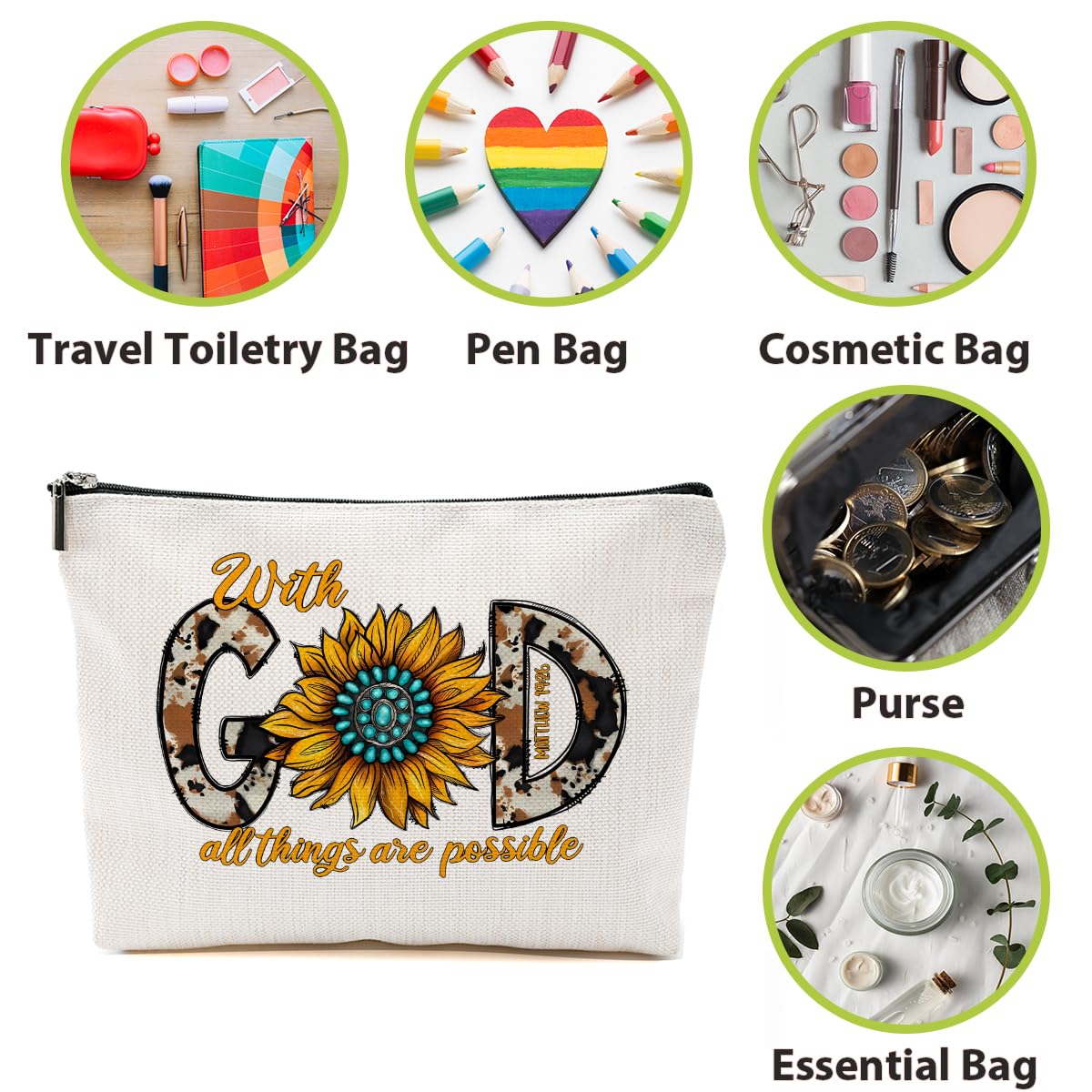 Western Makeup Bag - Sunflower Cosmetic Bag & Cow Print Toiletry Bag | Country Style Religious Gifts for Women, Christian Gifts for Mom, Farm Girl Birthday & Mother's Day Presents | Perfect for Travel, Church, and Country-Themed Events