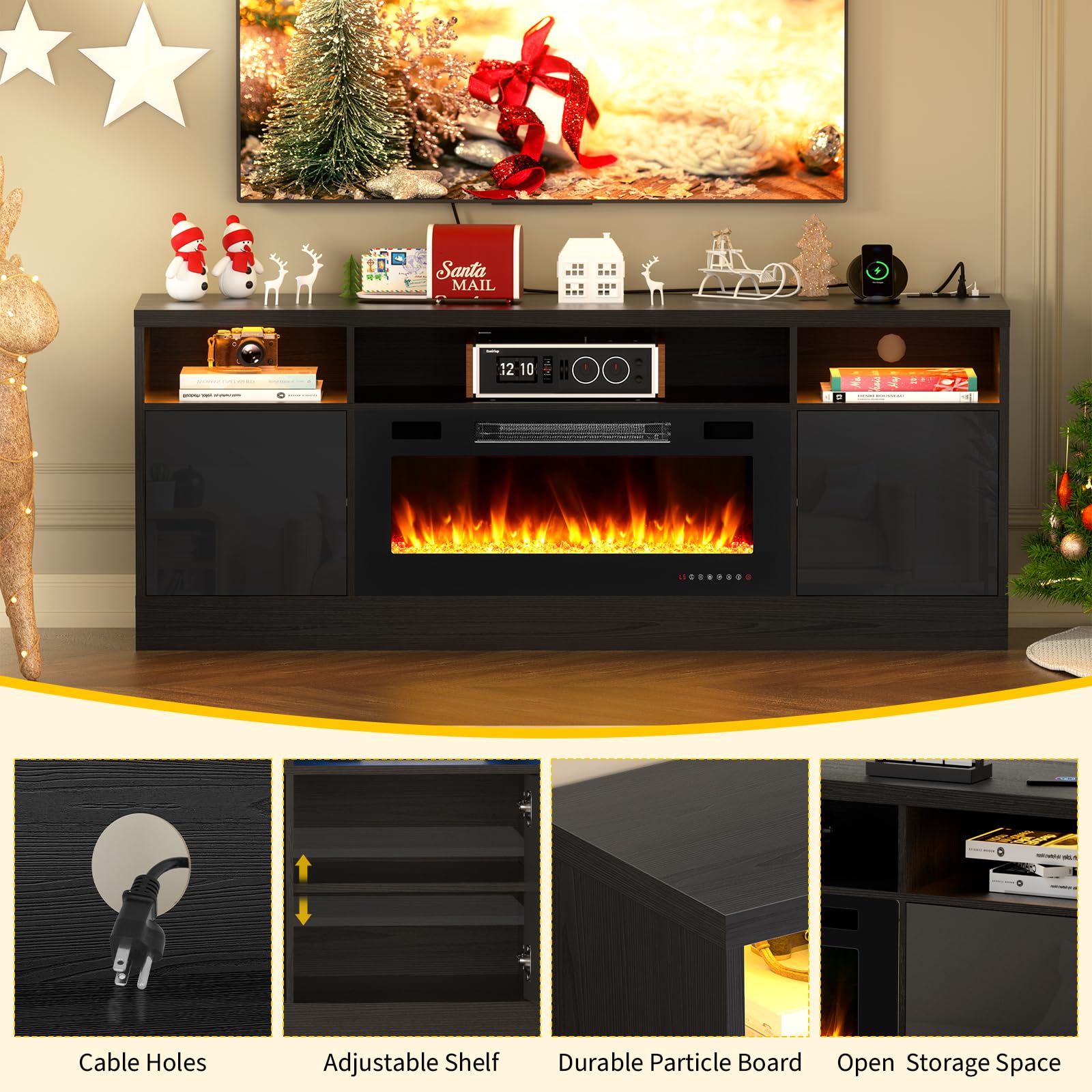 BREEZEHEAT 70 Inch TV Stand with Electric Fireplace - LED Entertainment Center for 80 Inch TVs - Modern TV Console with Storage Cabinets & Power Outlets - Black - Perfect for Living Room Home Theater Setup