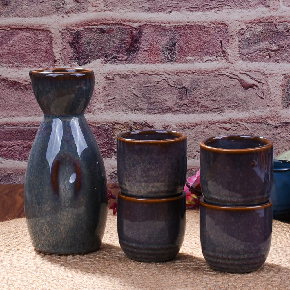 Premium Japanese Sake Set - Traditional Ceramic Sake Pot & 4 Matching Cups - Authentic Sake Drinking Experience for Home, Restaurant & Gift Giving