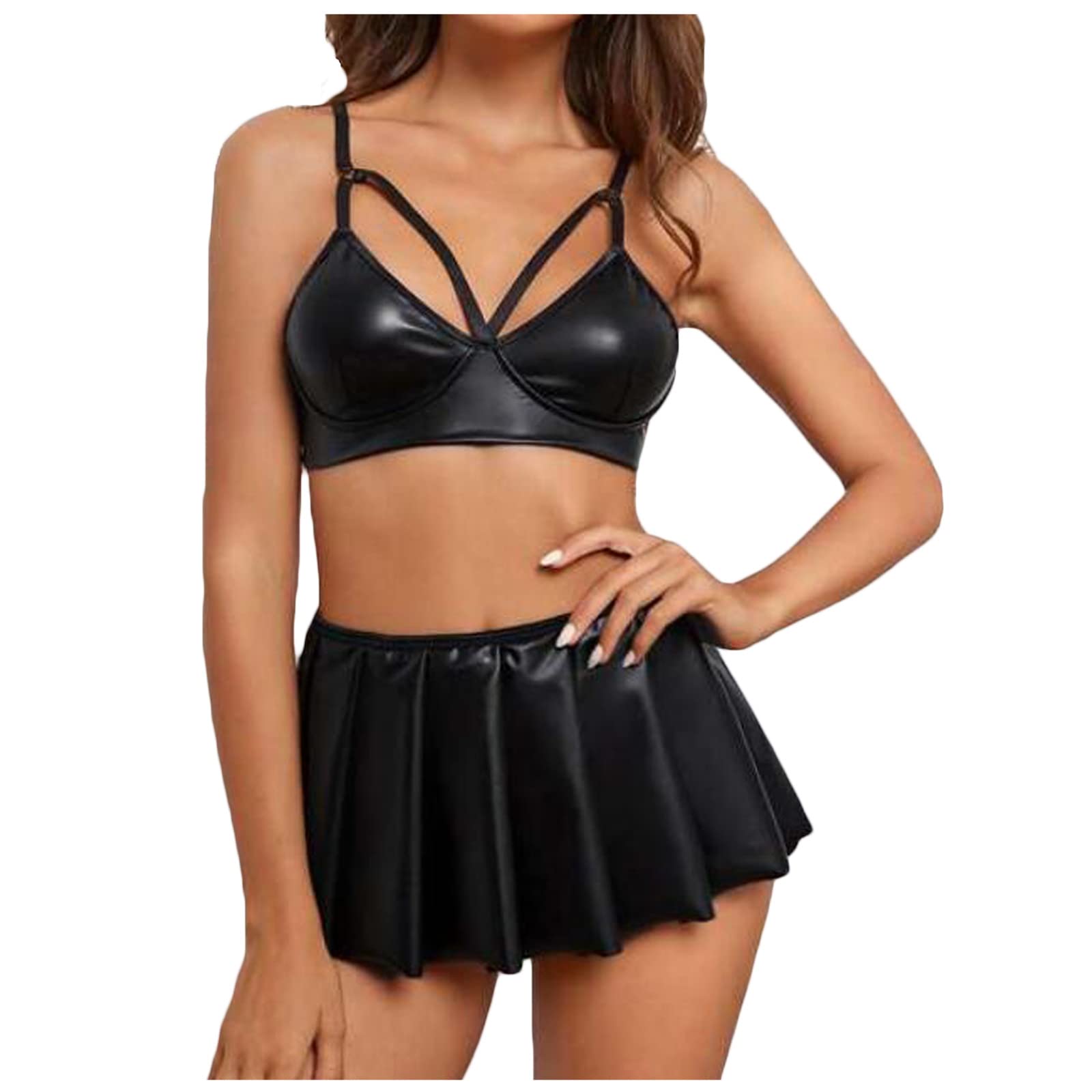 Sexy Leather Lingerie Set for Women - 2 Piece Chemise Bodysuit & Exotic Stripper Outfit | Perfect for Boudoir, Role Play & Sensual Nights