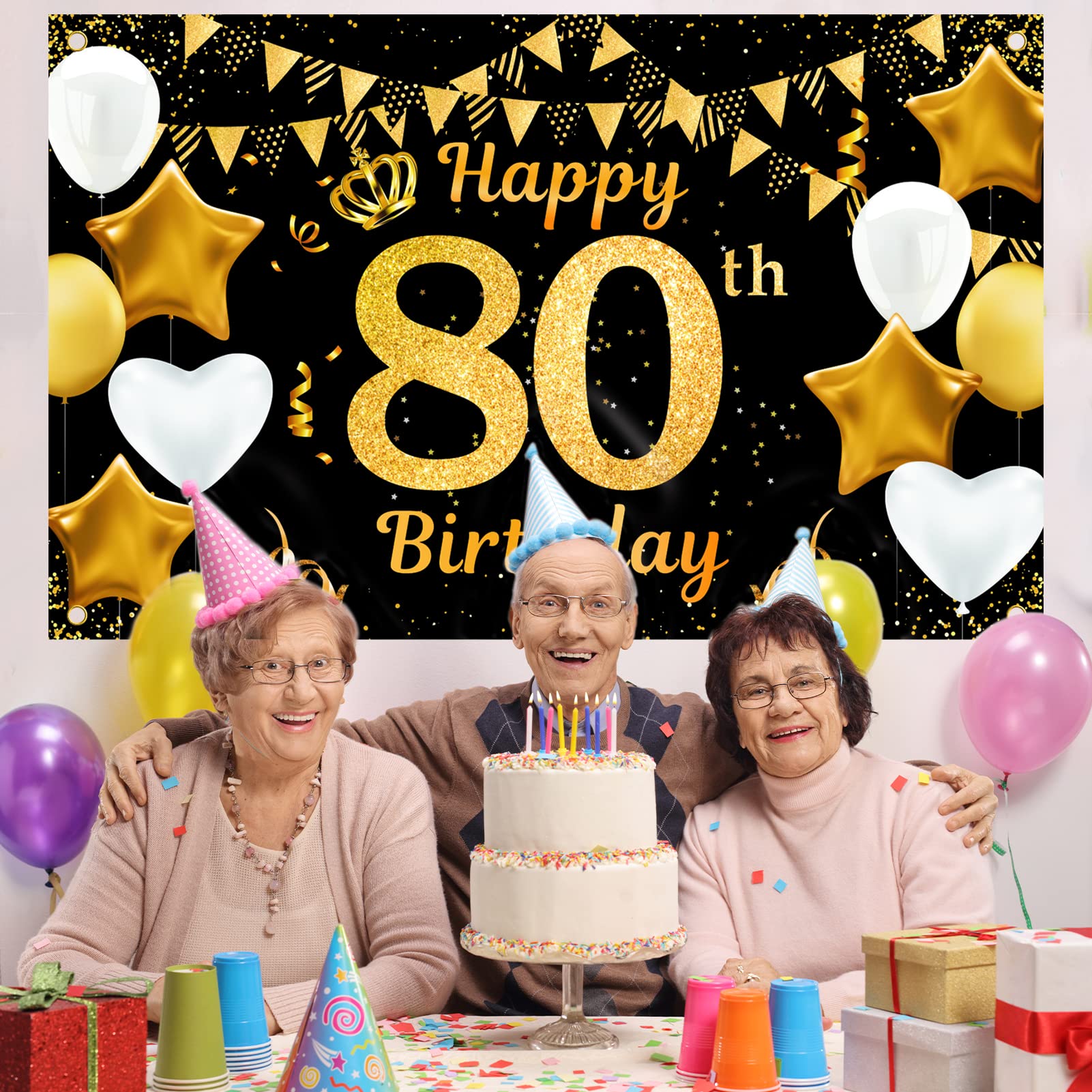 Qpout Extra Large 80th Birthday Backdrop Banner - 71 x 43.3 Inch Black & Gold Party Decoration for Men & Women | Cheers to 80 Years Celebration | Perfect for Milestone Birthday Parties, Anniversary Events & Photo Booths