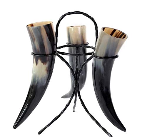 Authentic Viking Drinking Horn Beer Mug Set of 3 - Medieval Inspired Metal Stand for Wine, Mead & Shot Glasses - Perfect for Bar, Kitchen Decor & Viking Themed Parties