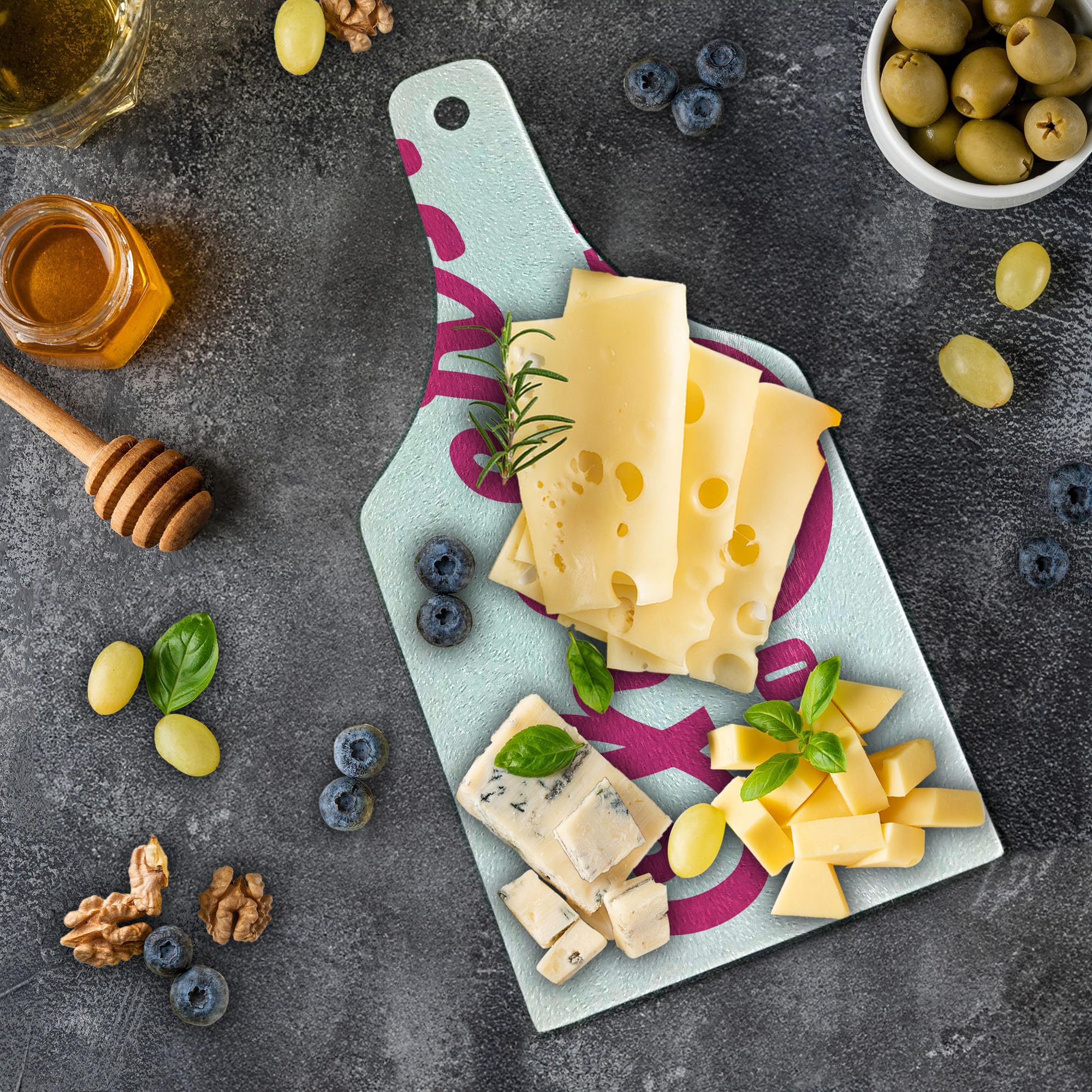 Ambesonne 60th Birthday Wine Bottle Shaped Cutting Board - Happy Cheerful Words Print, Tempered Glass Serving Tray for Party Decorations - Perfect for Anniversary Celebrations, Wine Tastings & Kitchen Decor (Hot Pink & White)