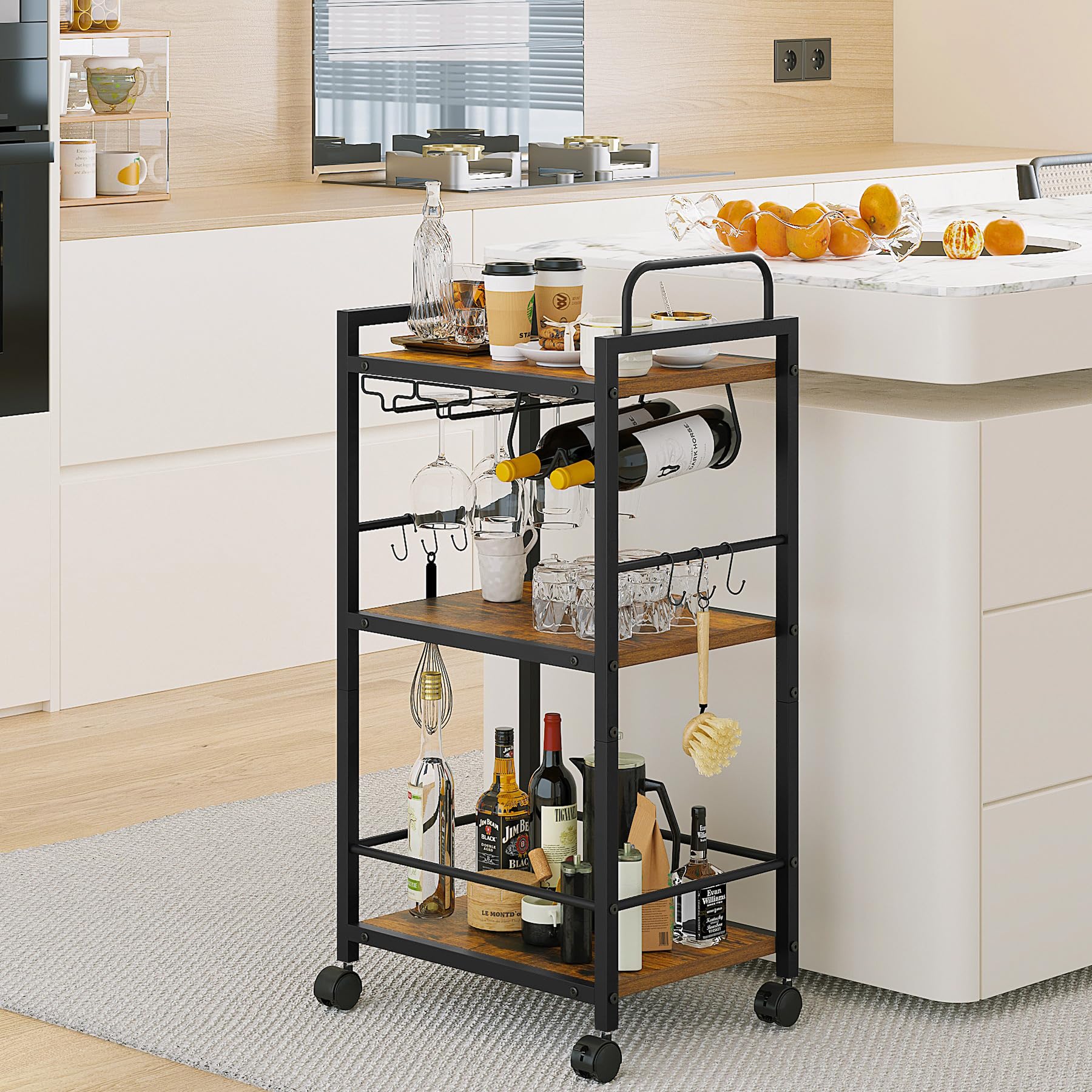 3-Tier Rolling Bar Cart with Wheels & Glass Holders - Rustic Brown Kitchen Cart, Wine Rack for Dining Room, Living Room - 13