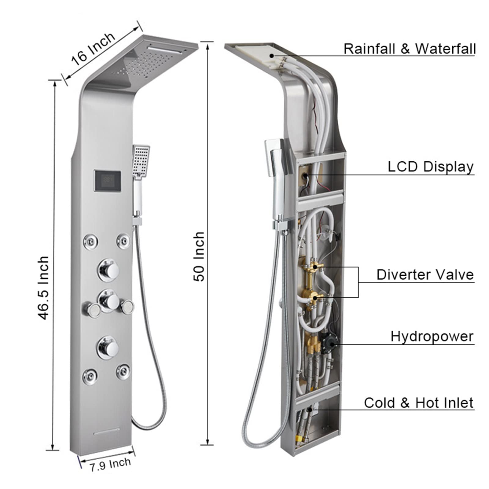**MENATT LED Lights Shower Panel Tower System - SUS304 Stainless Steel Bathroom Shower Column with Rainfall & Waterfall Shower Head, Massage Jets, Tub Spout & Handheld Shower (Brushed) - Perfect for Modern Spa-Like Bathroom Upgrades**