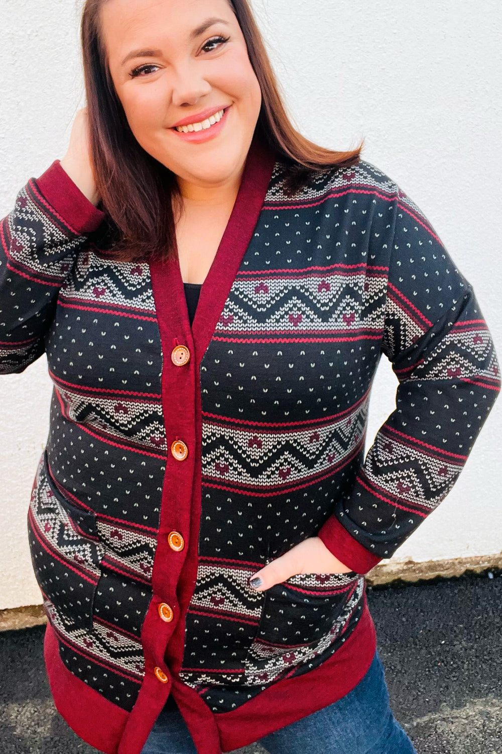 Classic Burgundy Holiday Print Button Cardigan for Women - Cozy Christmas Sweater for Holiday Parties & Family Gatherings