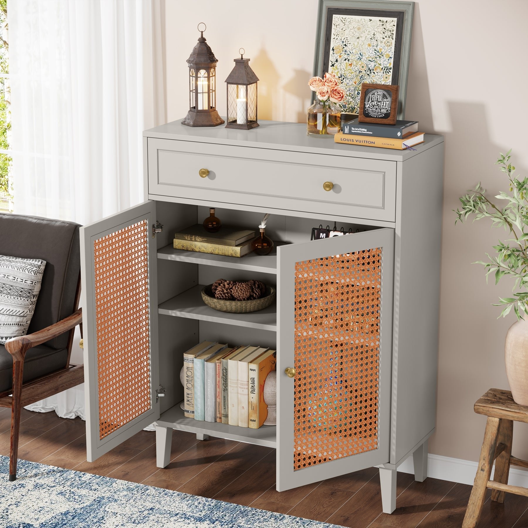 Solid Wood Storage Cabinet Sideboard with Adjustable Shelves & Drawer - Modern Farmhouse Furniture for Dining Room, Living Room, or Entryway Organization
