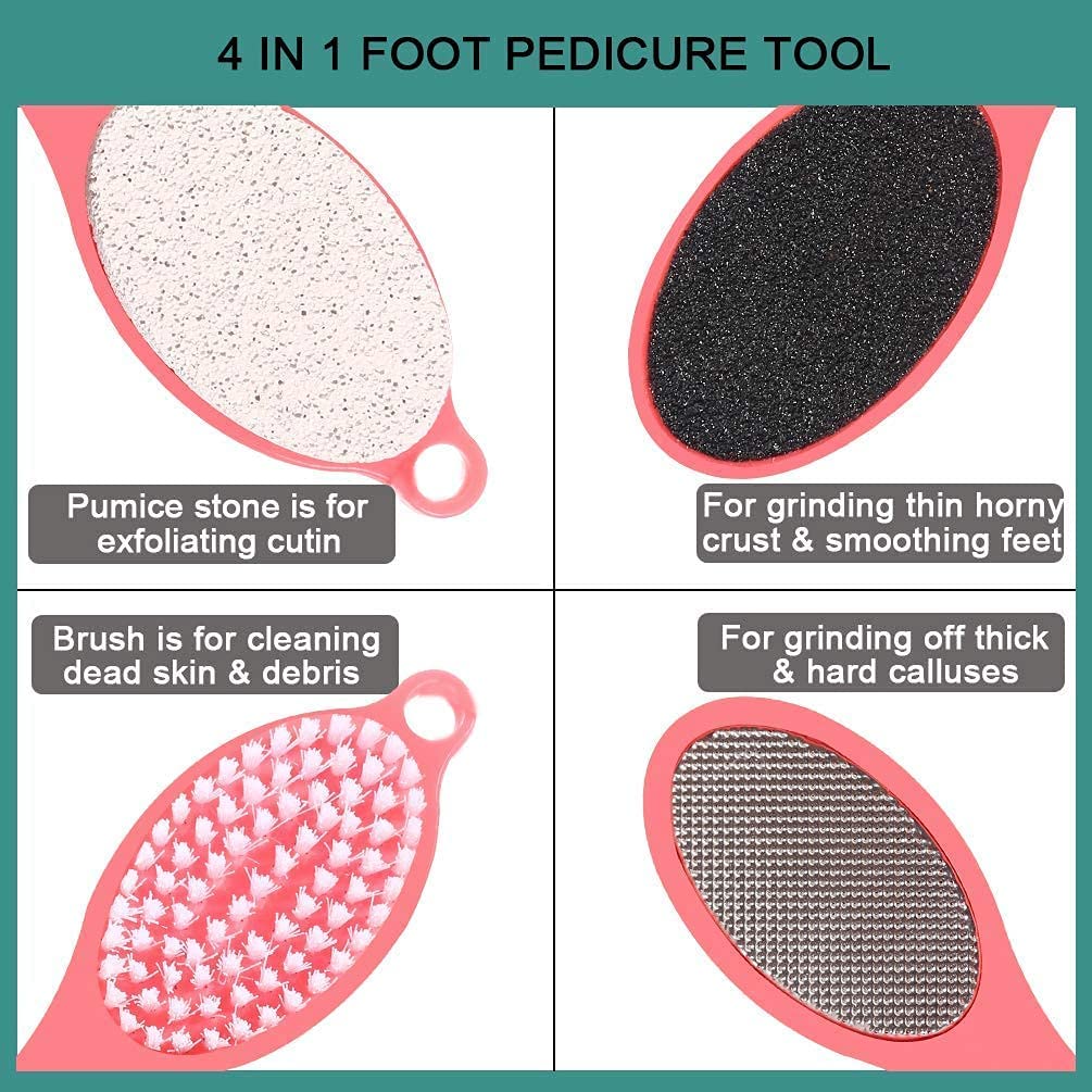 4 in 1 Foot Pedicure Brush Set - Pumice Stone, Scrubber, File & Manicure Paddle for Soft Feet - Multi-Use Foot Care Tool for Cleansing, Buffing & Exfoliating - Perfect for At-Home Pedicures, Dead Skin Removal & Nail Care (Multicolor)