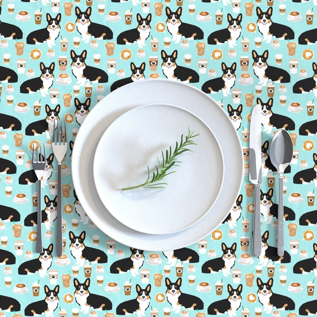 Custom Corgi Coffee Dogs Print Cotton Sateen Tablecloth 70