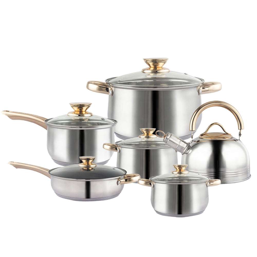12-Piece Stainless Steel Cookware Set - Stock Pot, Saucepan, Casserole & Kettle for Professional & Home Kitchens | Perfect for Boiling, Stewing, Frying & Slow Cooking