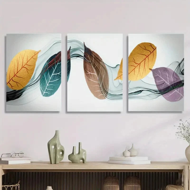 3PCS Golden Leaves Metal Wall Art Prints - Ready to Hang Modern Home Decor for Living Room, Bedroom & Office