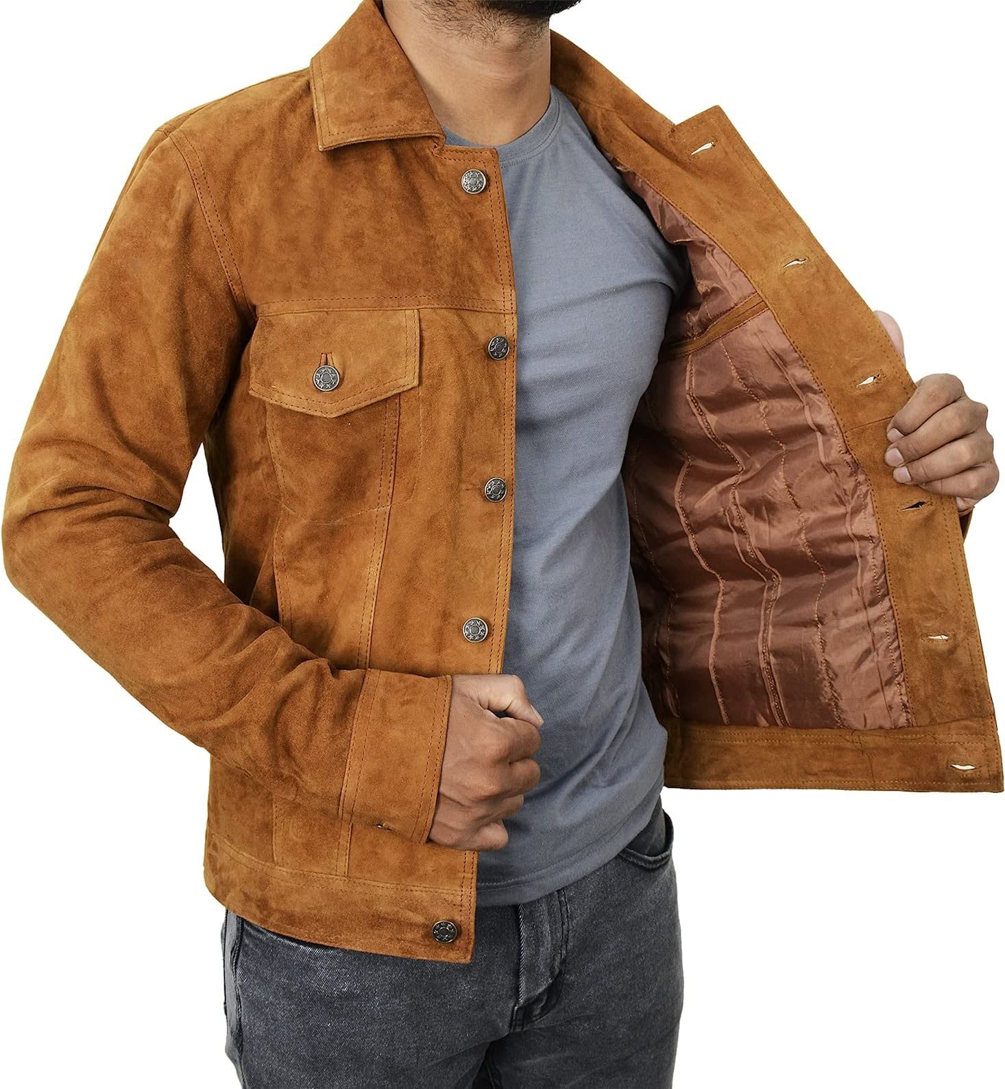 Genuine Suede Leather Jacket for Men - Slim Fit Classic Trucker Coat in Camel Brown (XS) | III-1001 | Perfect for Casual Outings, Date Nights & Motorcycle Rides