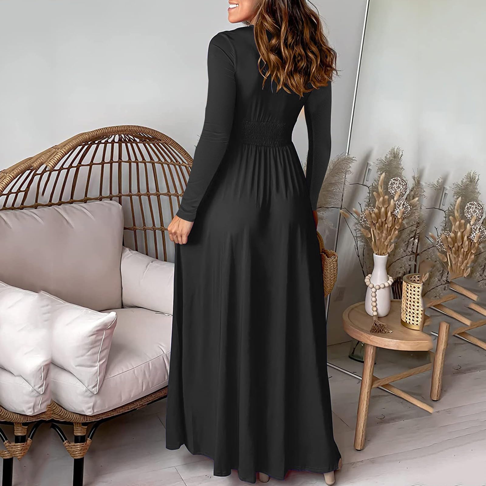 Elegant Women's Deep V Neck Long Sleeve Maxi Dress - High Waist Pleated Tunic with Side Slit for Club, Party, Evening & Wedding Guest Occasions | Perfect for Cocktail Events, Date Nights & Formal Gatherings