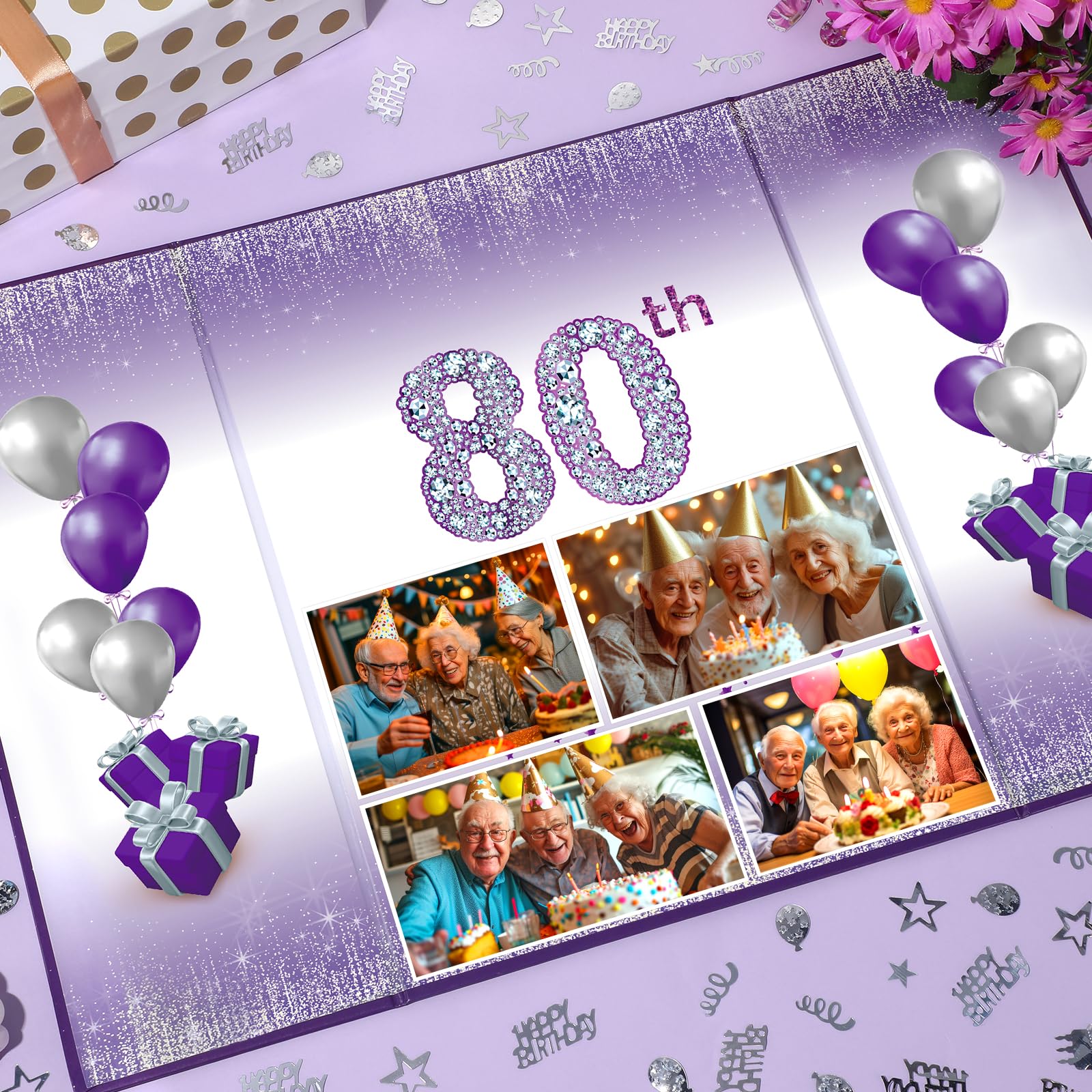 Elegant Purple & Silver 80th Birthday Decorations Set - Signature Guest Book Alternative for Women & Men - Perfect for 80th Birthday Party, Anniversary Celebration & Special Occasions - Includes Greeting Cards & Party Favors