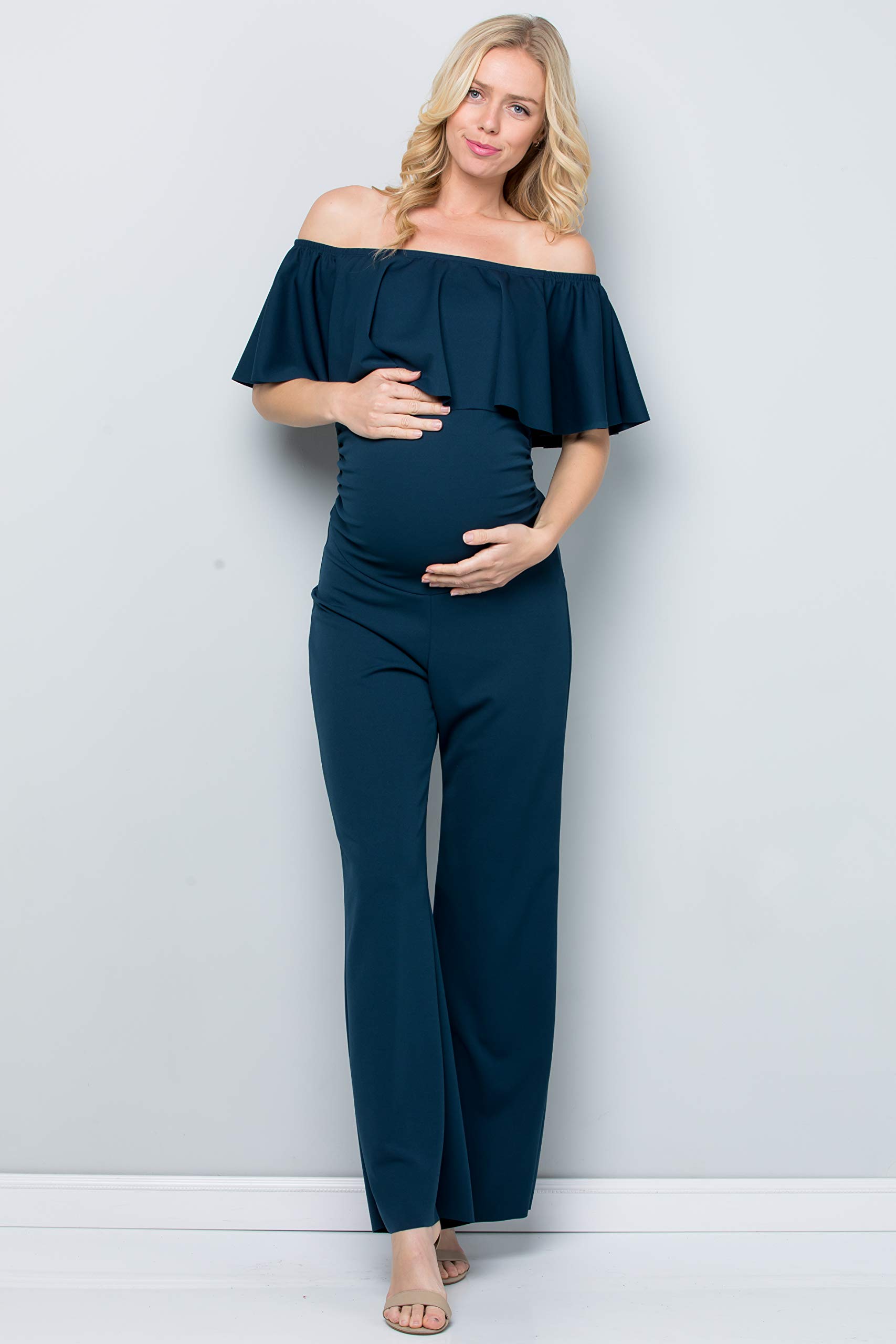 My Bump Maternity Ruffle Off Shoulder Jumpsuit - Made in USA | Comfortable Pregnancy Outfit for Baby Shower, Maternity Photos & Special Occasions