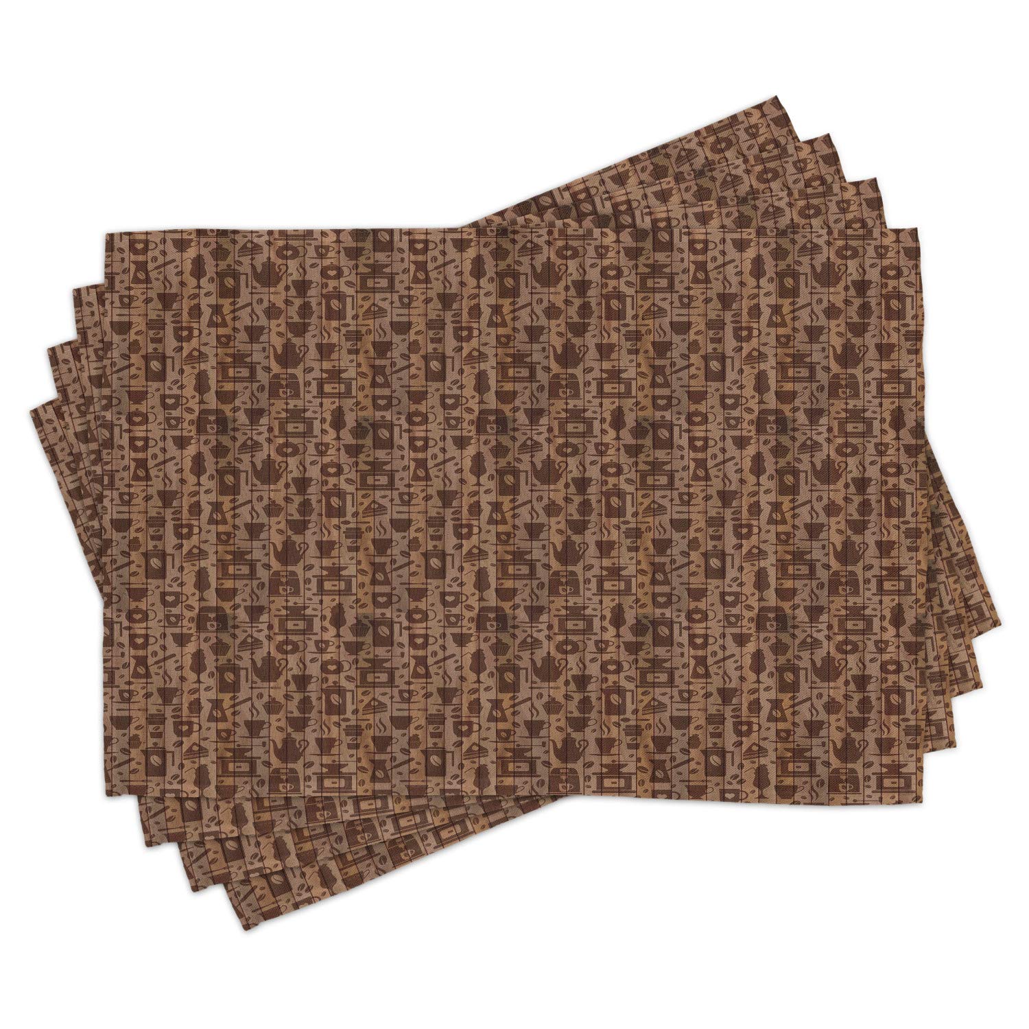 Ambesonne Modern Place Mats Set of 4 - Washable Fabric Dining Table Mats with Coffee Mug & Teapot Illustration for Kitchen, Dining Room Decor in Cocoa Redwood - Perfect for Breakfast, Tea Parties & Home Decor