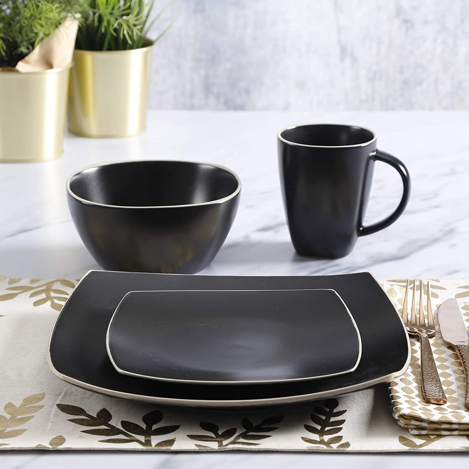 Gibson Elite 102261.16RM Soho Lounge 16-Piece Dinnerware Set for 4 - Matte Black with White Rims (2 Pack) | Includes Dinner Plates, Dessert Plates & Mugs | Perfect for Family Dining, Dinner Parties & Restaurant-Style Entertaining