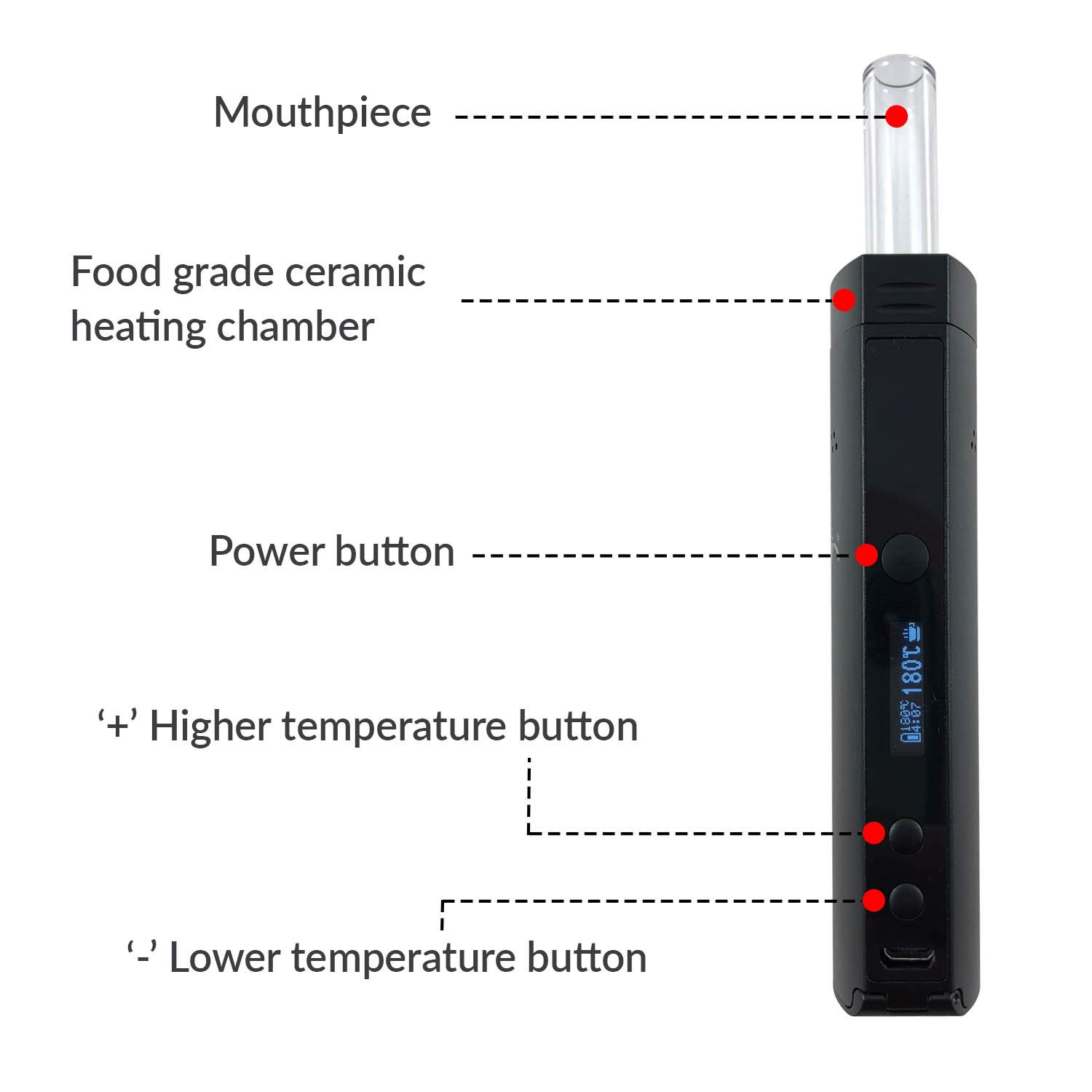 Premium Vaporizer for Herbs, Resins & Oils - Wolke Vapeble with Glass Mouthpiece, Metal Body, Replaceable 3200mAh Battery, OLED Display & Adjustable Temp Control - Perfect for Home Use, Travel & Relaxation