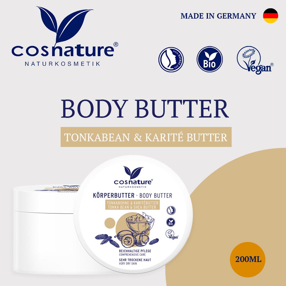 Cosnature Vegan Body Butter with Tonka Bean & Shea Butter - 200ml for Dry Skin, Moisturizing & Nourishing - Perfect for Daily Hydration & Spa Nights
