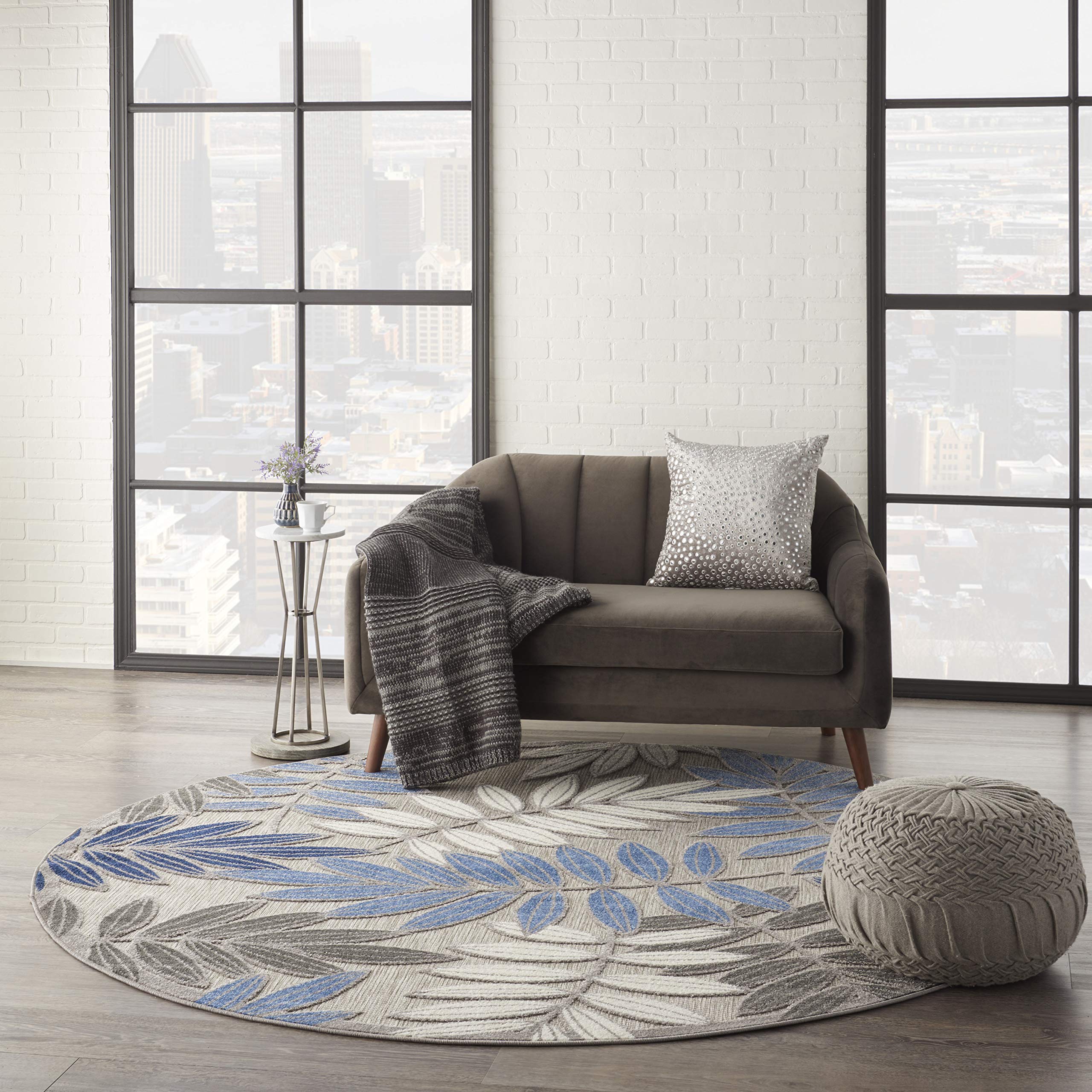 Nourison Aloha 8' Round Indoor/Outdoor Area Rug - Easy Clean, Non-Shedding, Stain Resistant - Perfect for Bedroom, Living Room, Dining Room, Backyard, Deck & Patio - Soft Grey & Blue Design for Coastal & Boho Decor