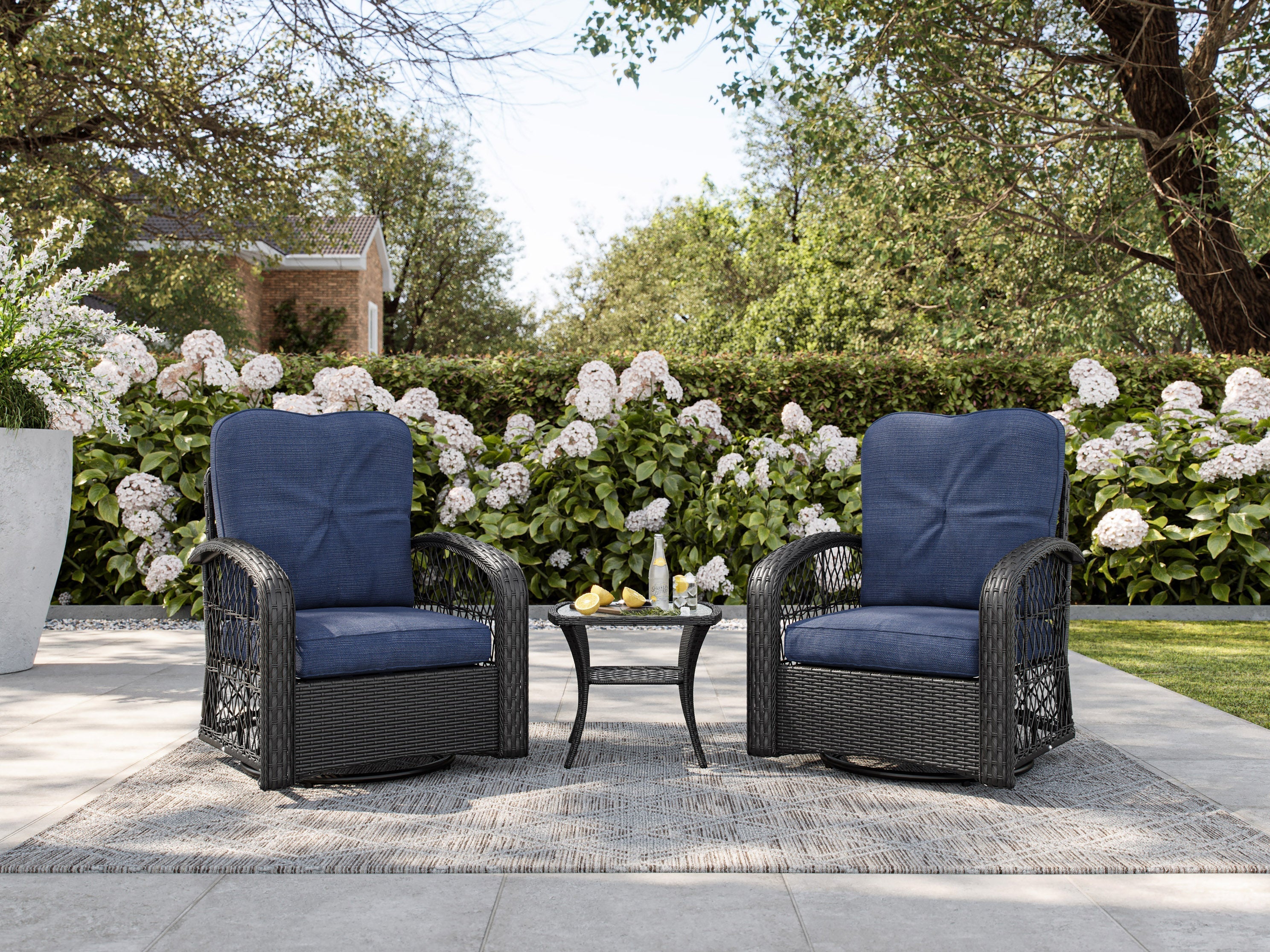 3-Piece Blue Swivel Patio Chairs Set - Outdoor Lounge Furniture for Garden, Poolside, Deck & Backyard Relaxation