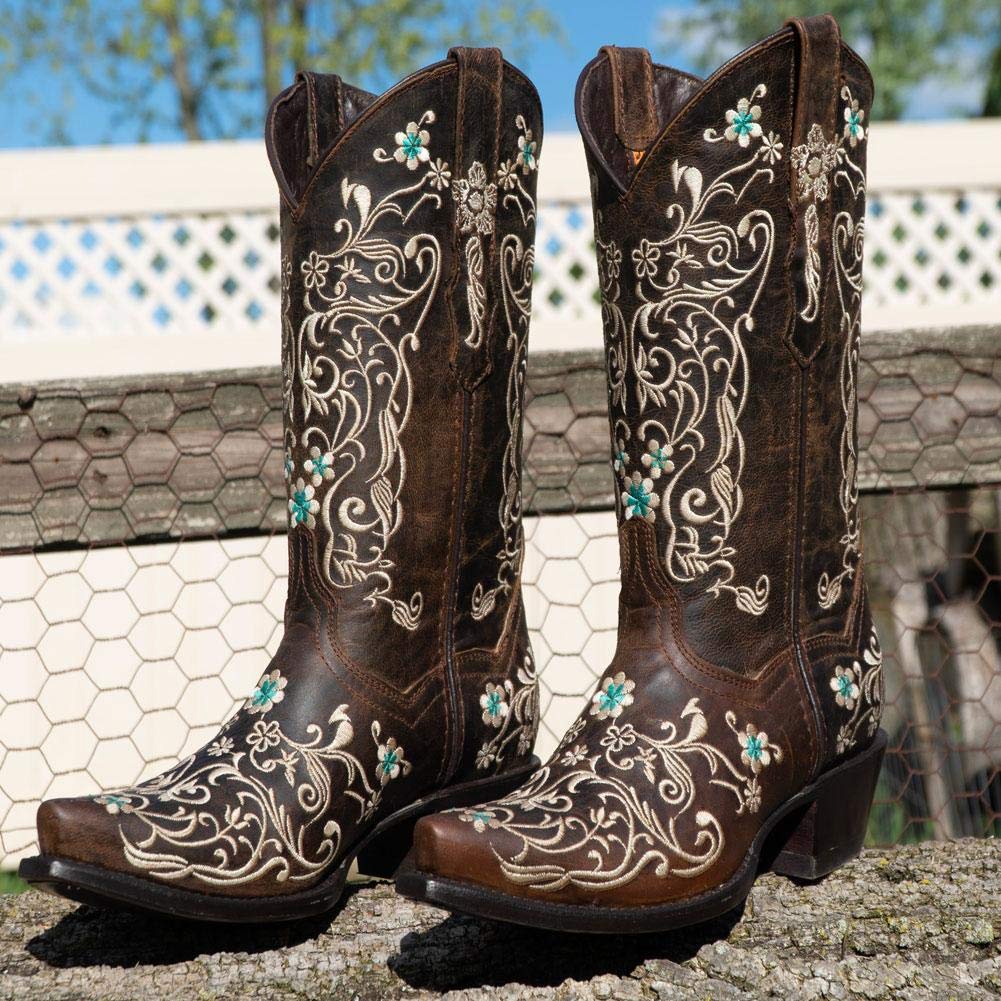 Vintage Flower Embroidered Cowgirl Boots for Women - Genuine Leather Handcrafted Western Boots (M50042 Brown) | Perfect for Country Dancing, Rodeos & Western Fashion