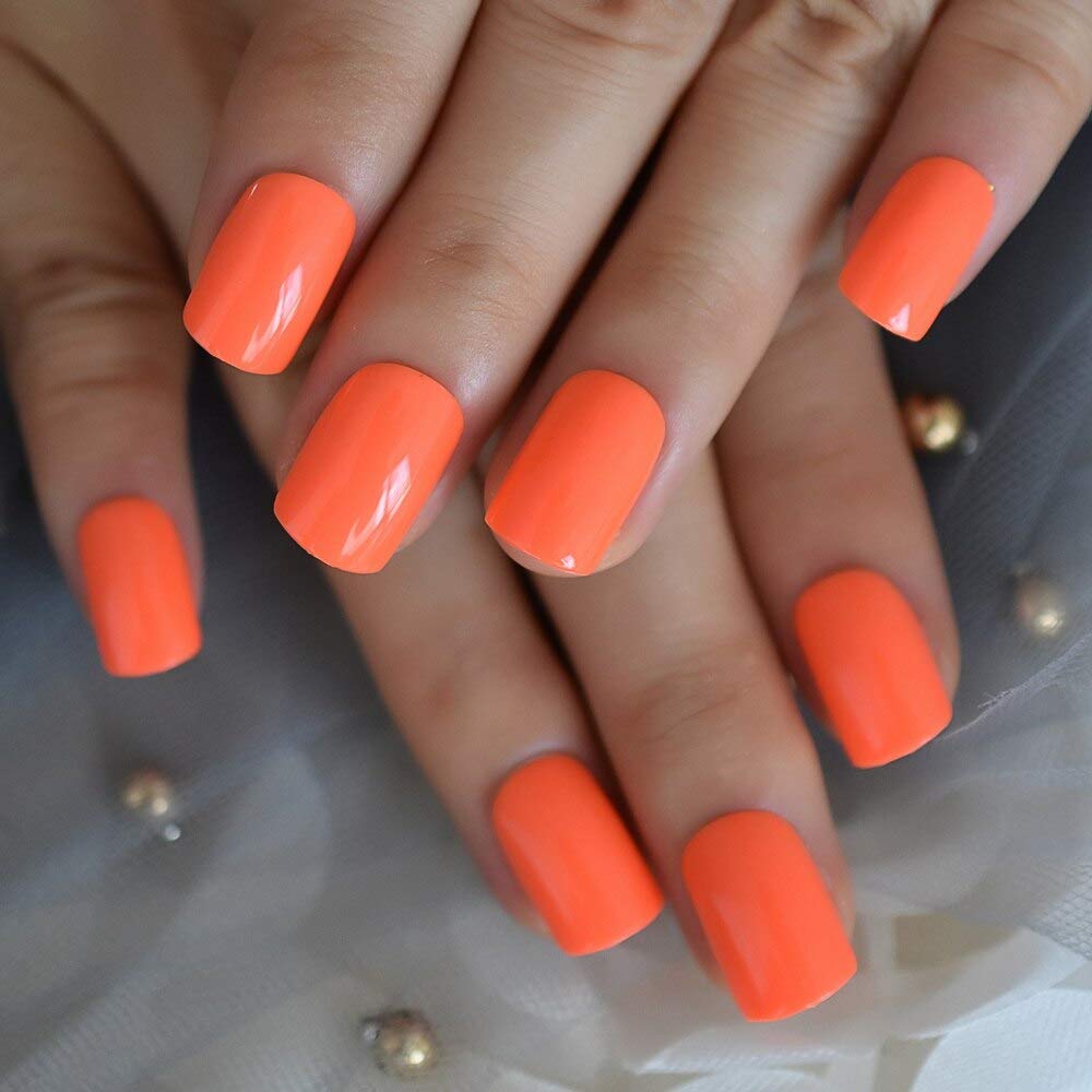 EchiQ Short Square Fake Nails - Natural Shape Glossy Gel Nails in Orange & Pink | Easy to Apply with Adhesive | Perfect for Daily Wear, Work, Parties & Special Occasions