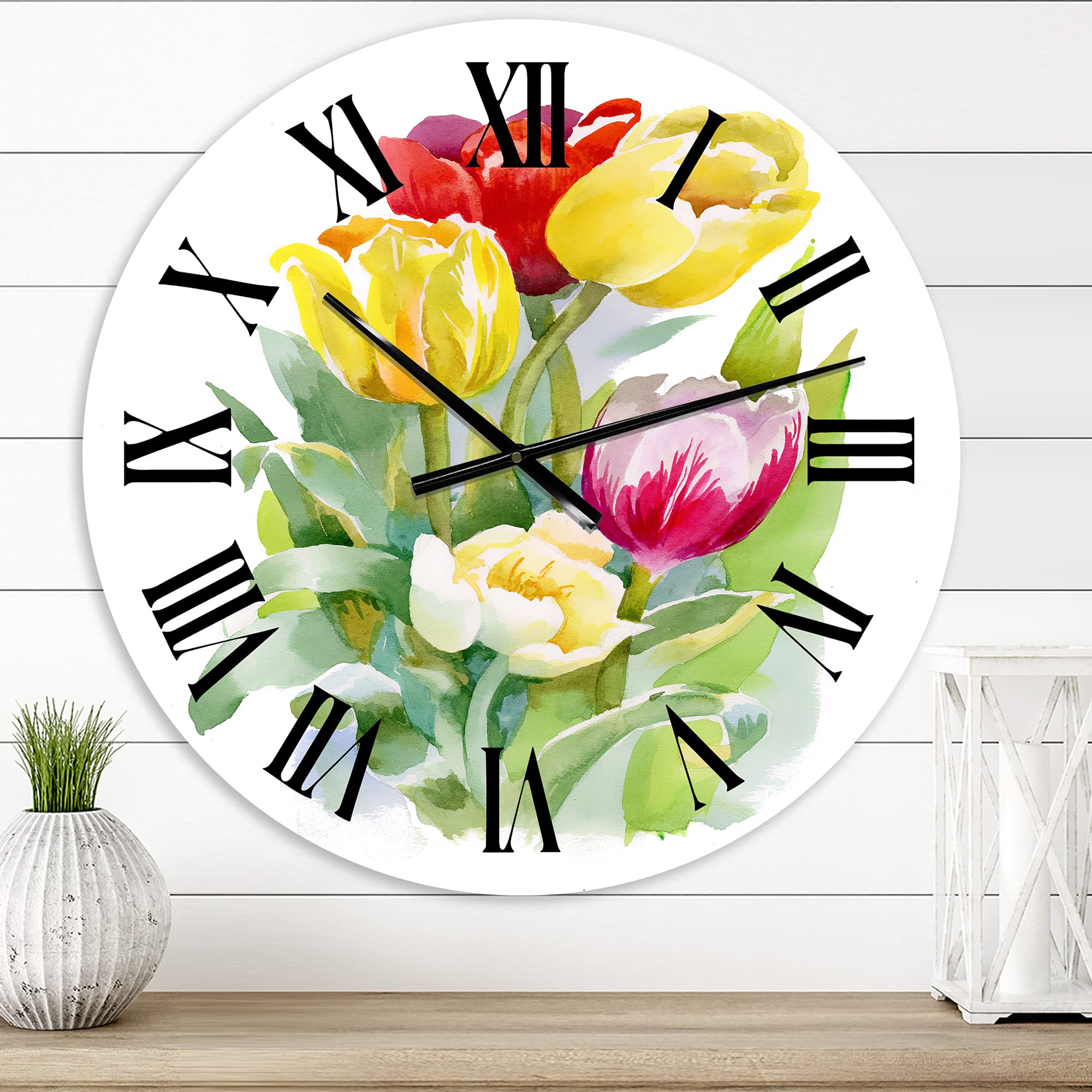 Large Floral Wall Clock with Bouquet of White and Red Tulips - Vintage Style Decorative Clock for Bedroom, Living Room & Office Decor | Perfect Home, Office & Gift Idea