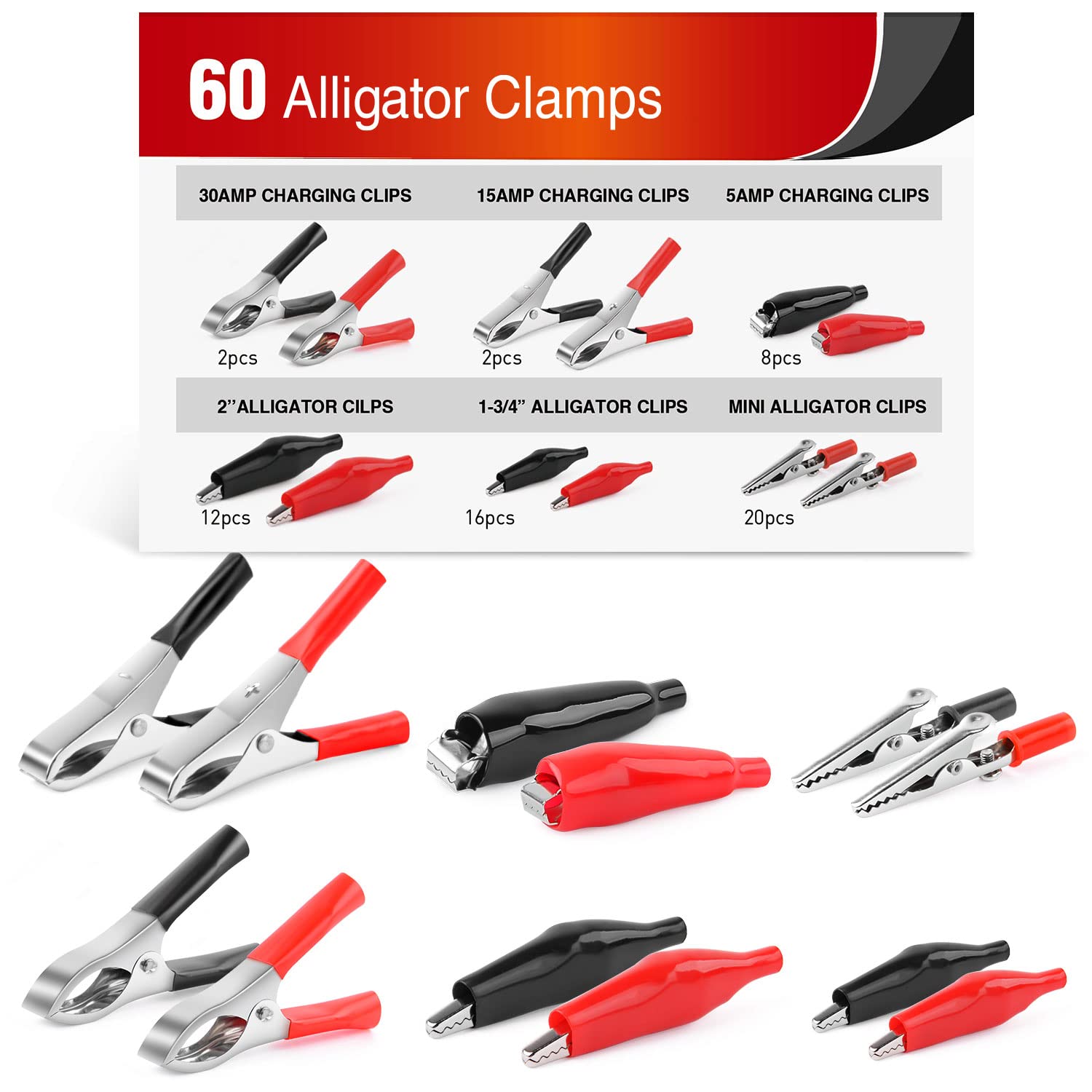 Nilight 60Pcs Alligator Clip Assortment for Electrical Testing & Battery Charging