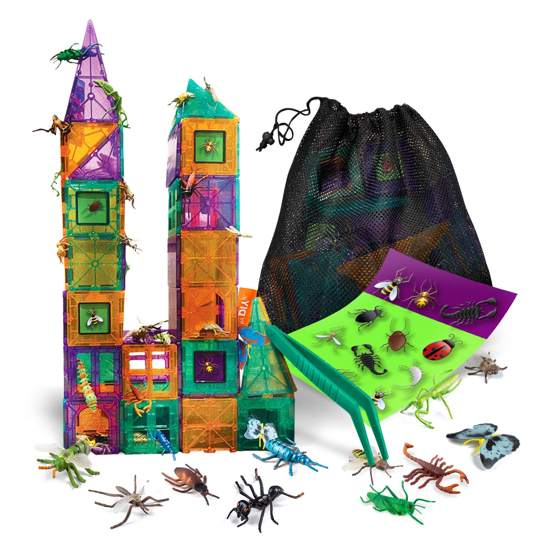 Creepy Archi Tiles - 100pc Magnetic Building Blocks Set for Kids with Bugs, Storage Bag, Stickers & Tweezers - STEM Educational Construction Toys for Toddlers - Perfect for Creative Play, Early Learning & Sensory Development