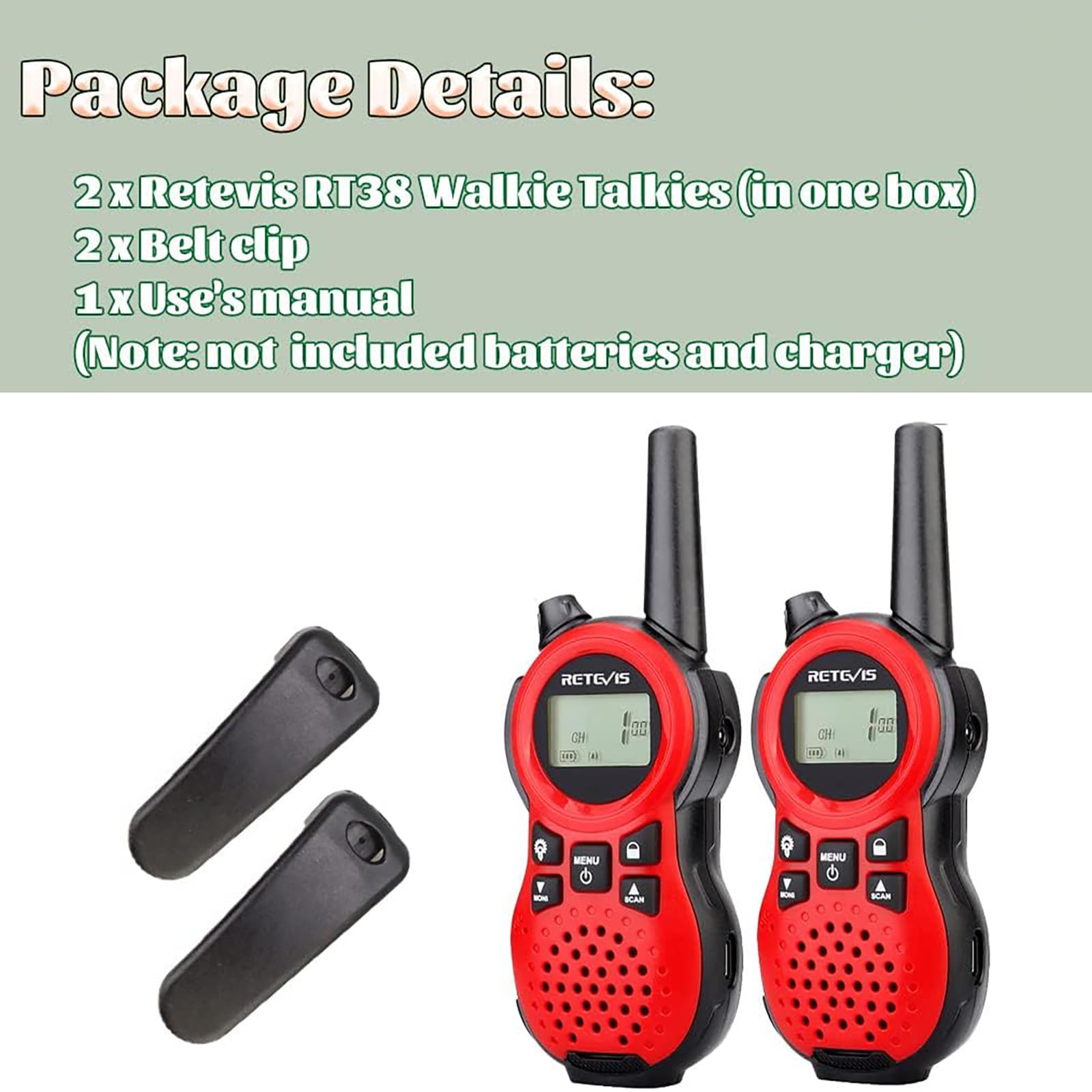 Retevis RT38 Long Range Walkie Talkies for Adults - 2 Way Radios with USB Port & Flashlight, Portable Handheld Communication Device for Outdoor Camping, Hiking, Emergency (Red Pair)