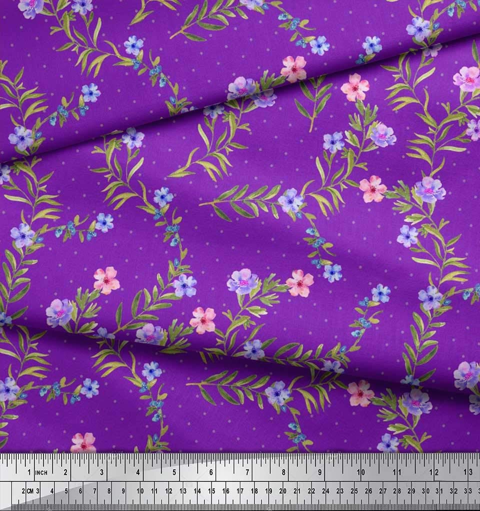 Soimoi 52 Inch Wide Purple Polyester Crepe Fabric by The Yard - Floral, Dot & Leaves Printed Design for Dresses, Scarves & DIY Crafts - Lightweight & Wrinkle-Resistant for Fashion Sewing & Home Decor Projects