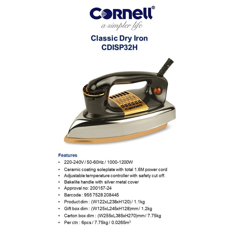 Cornell CDISP32H 1200W Classic Dry Iron - Professional Steam Iron for Clothes with Adjustable Temperature, Perfect for Home & Travel Use - Ideal for Wrinkle Removal, Fabric Care, and Quick Ironing