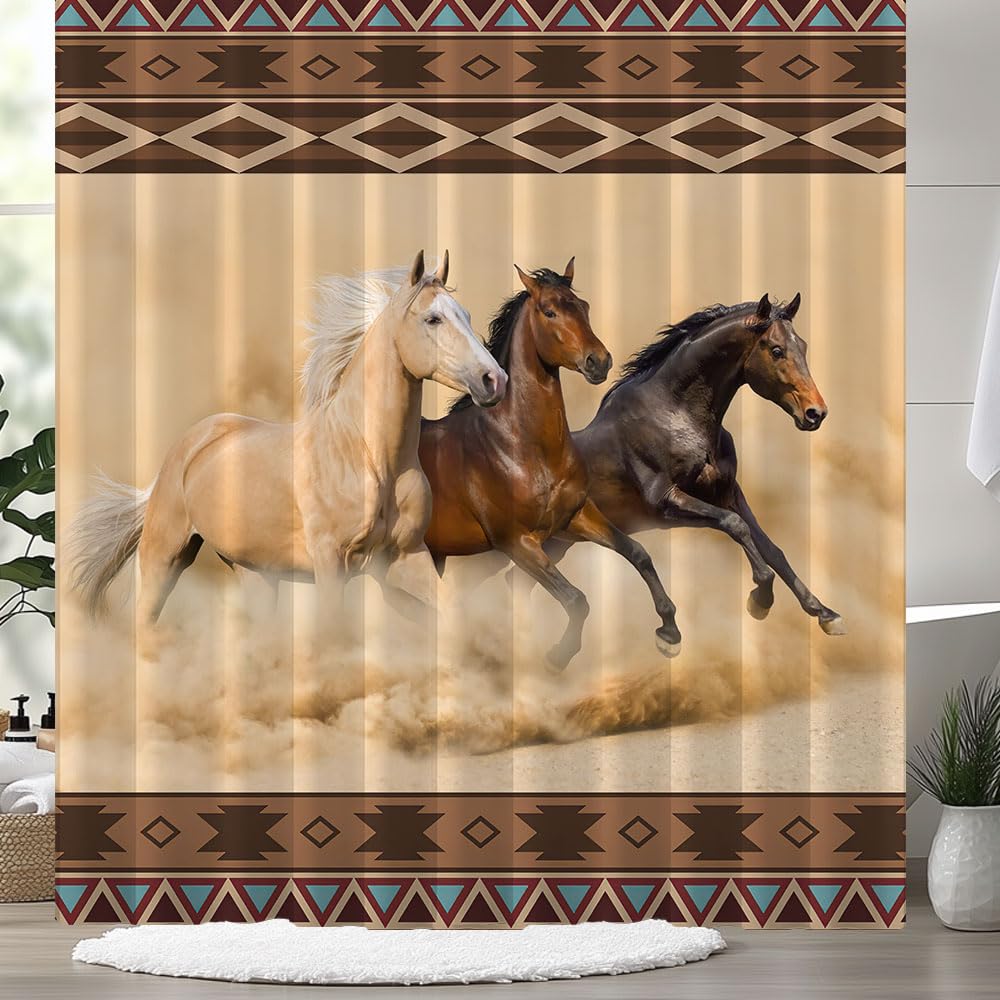 JAWO Western American Wild West Cowhorse Shower Curtain Set with Hooks - 72x72 Inch Desert Cowboy Bathroom Decor, Aztec Southwestern Theme for Ranch, Farmhouse or Country Style Bathrooms